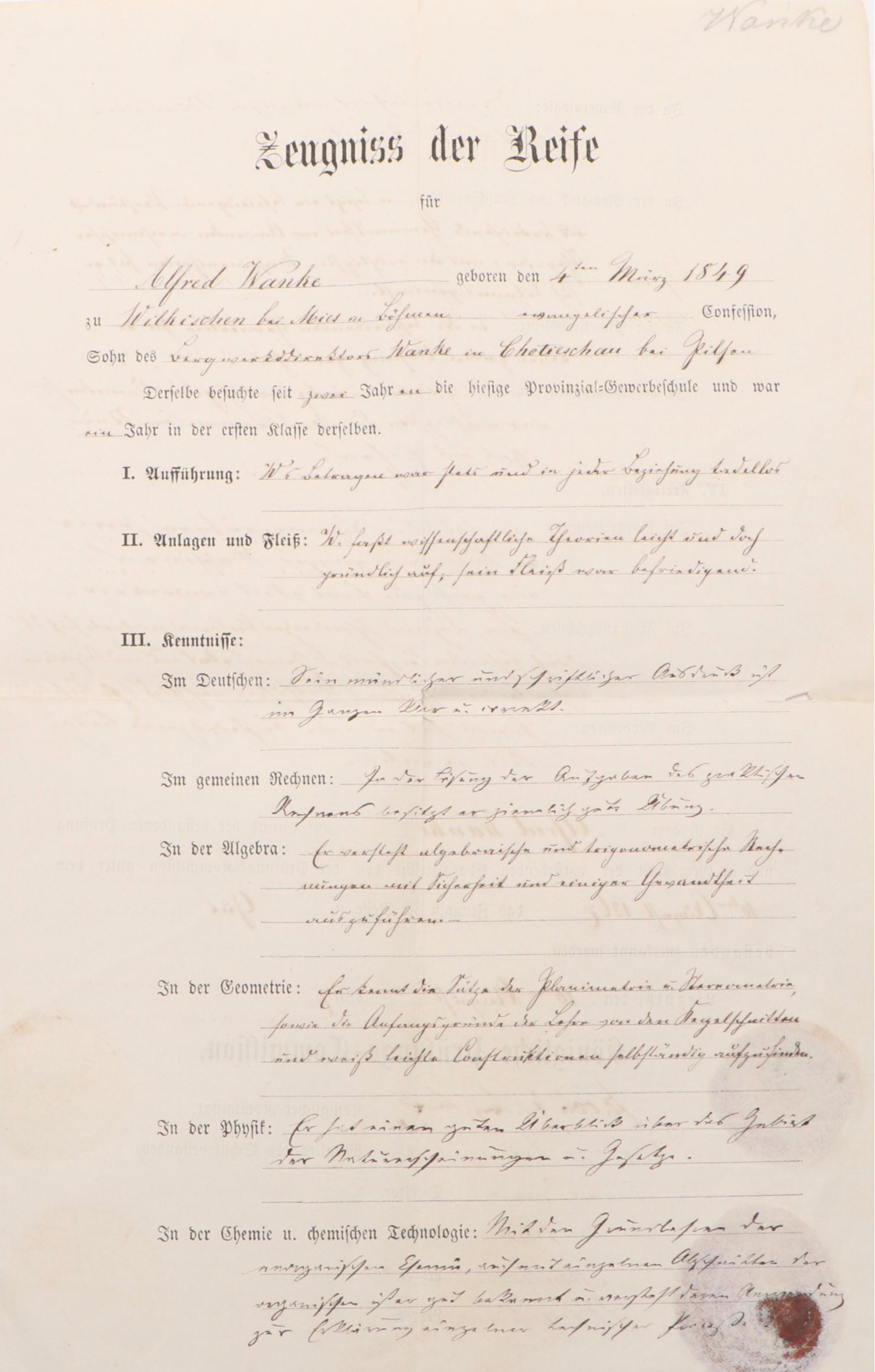 Prussian Provinzial-Gewerbeschule Academic Graduation Certificate, 1867
