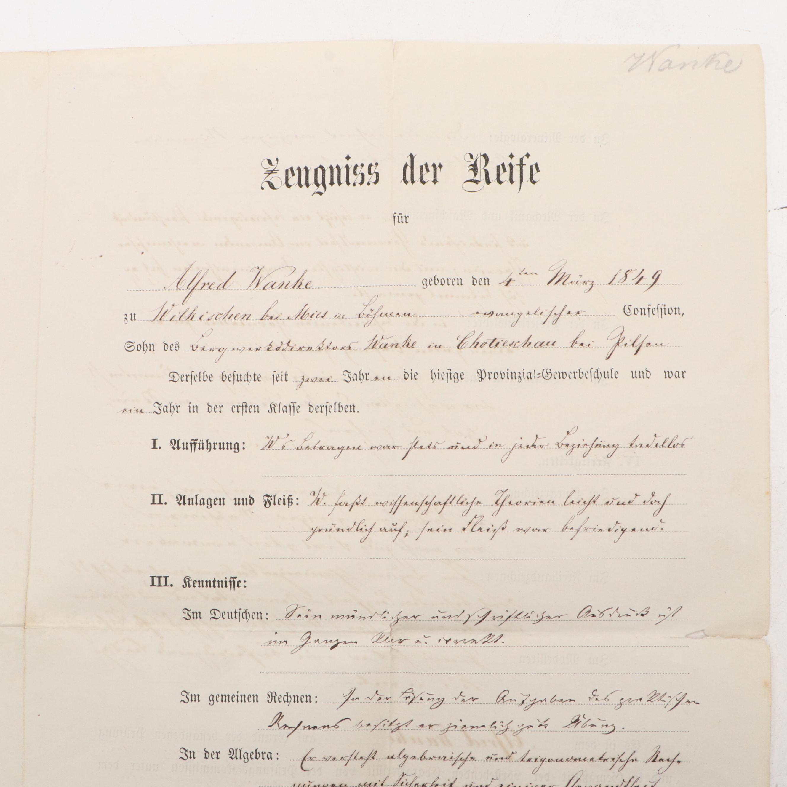 Prussian Provinzial-Gewerbeschule Academic Graduation Certificate, 1867