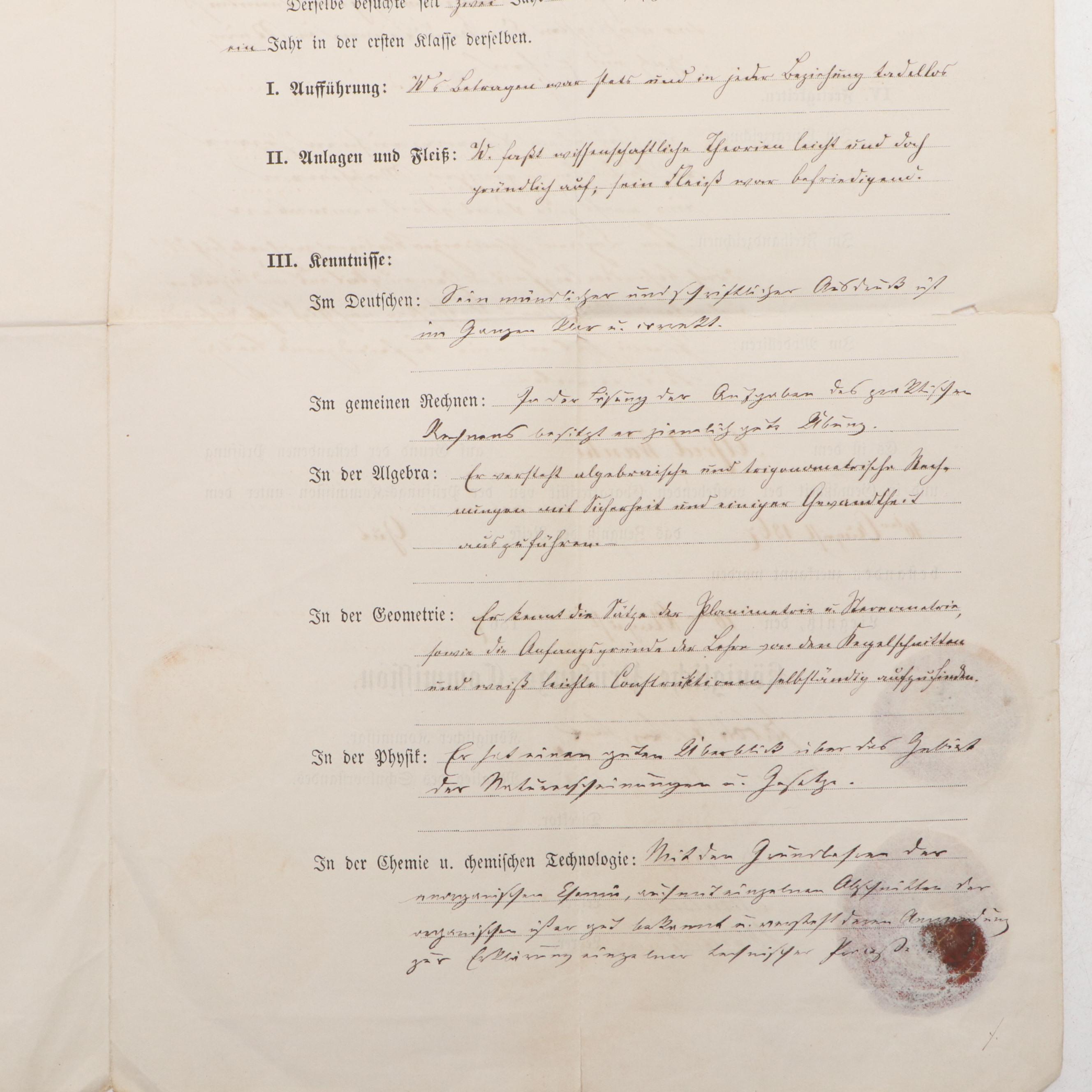 Prussian Provinzial-Gewerbeschule Academic Graduation Certificate, 1867