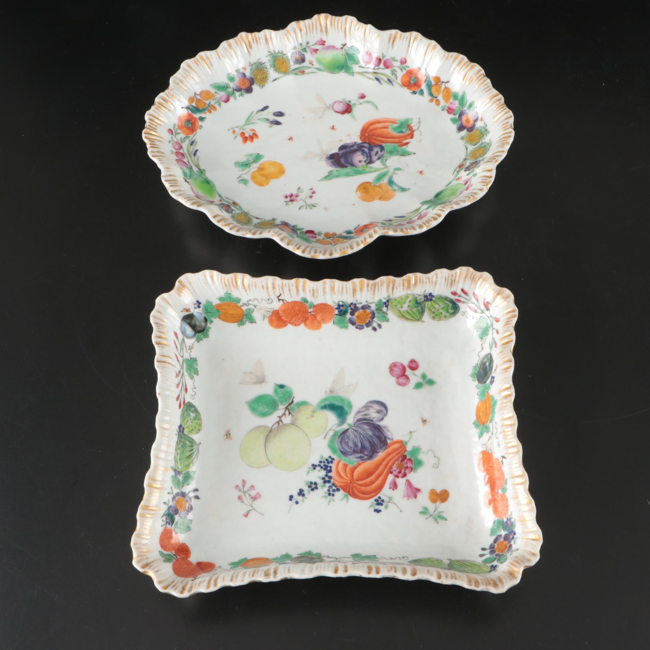 English Porcelain Hand-Painted Gilt Feather Edge Fruit Pattern Serving Bowls