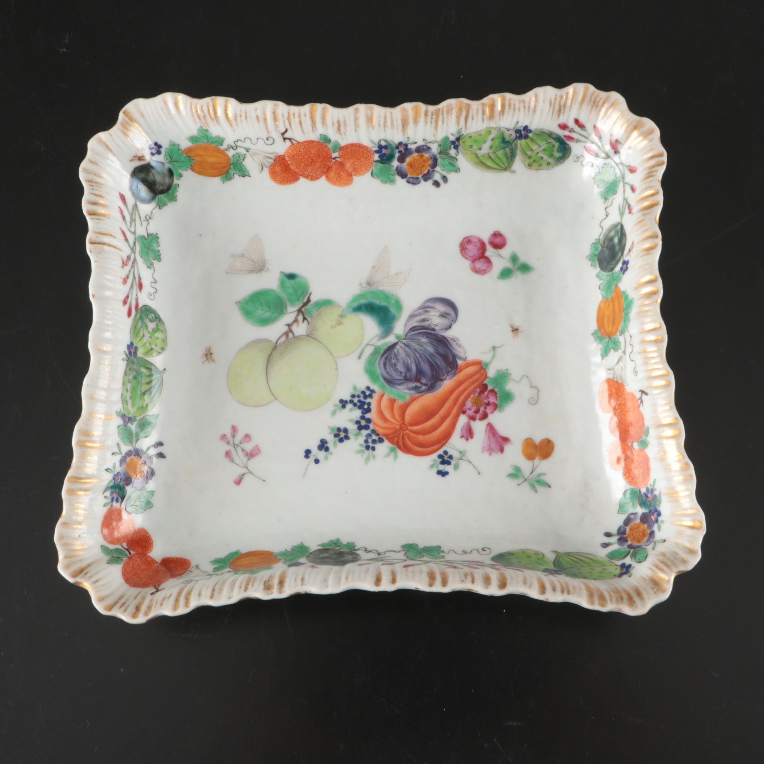 English Porcelain Hand-Painted Gilt Feather Edge Fruit Pattern Serving Bowls