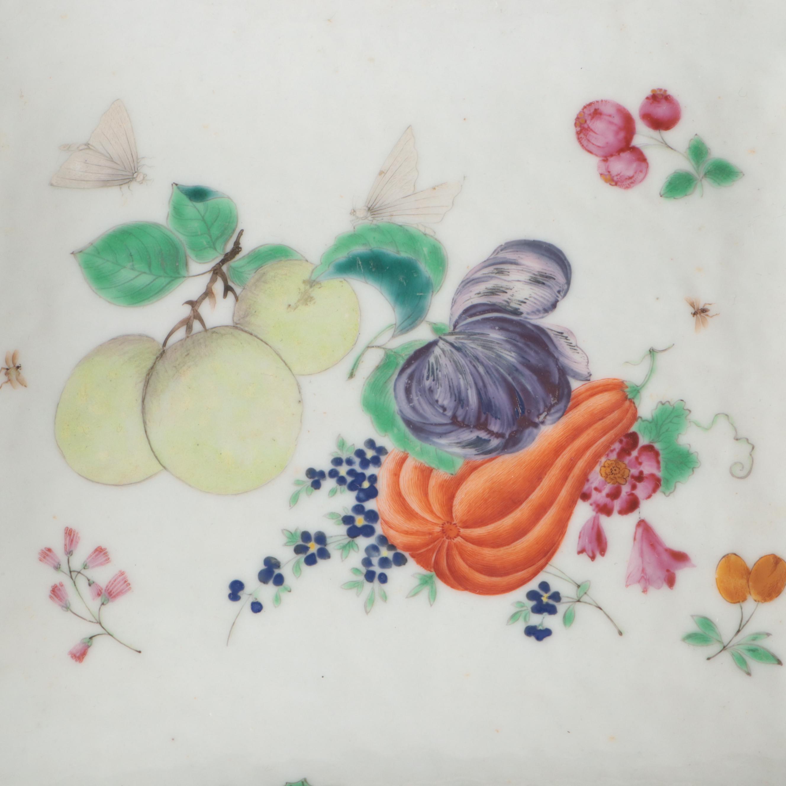 English Porcelain Hand-Painted Gilt Feather Edge Fruit Pattern Serving Bowls