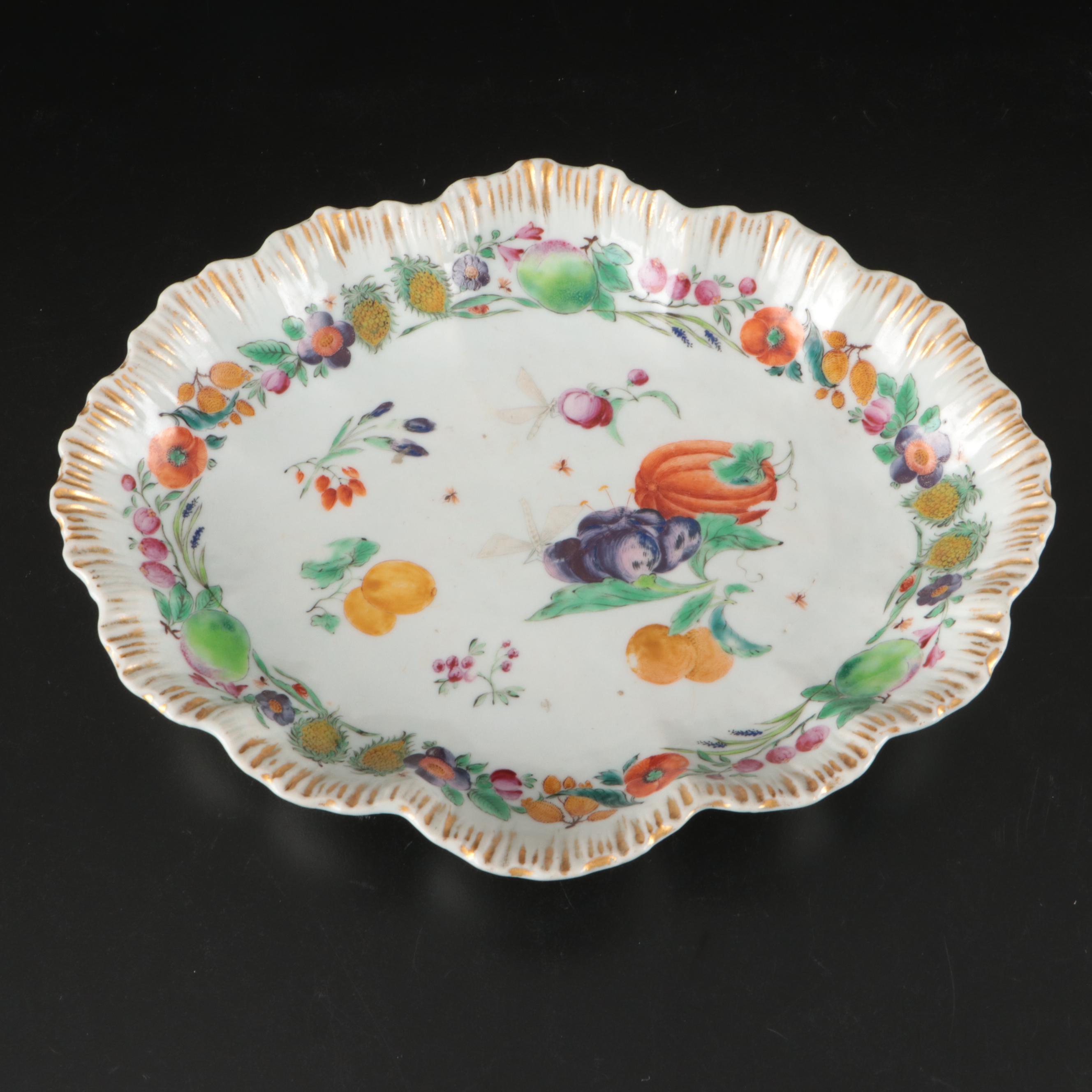 English Porcelain Hand-Painted Gilt Feather Edge Fruit Pattern Serving Bowls