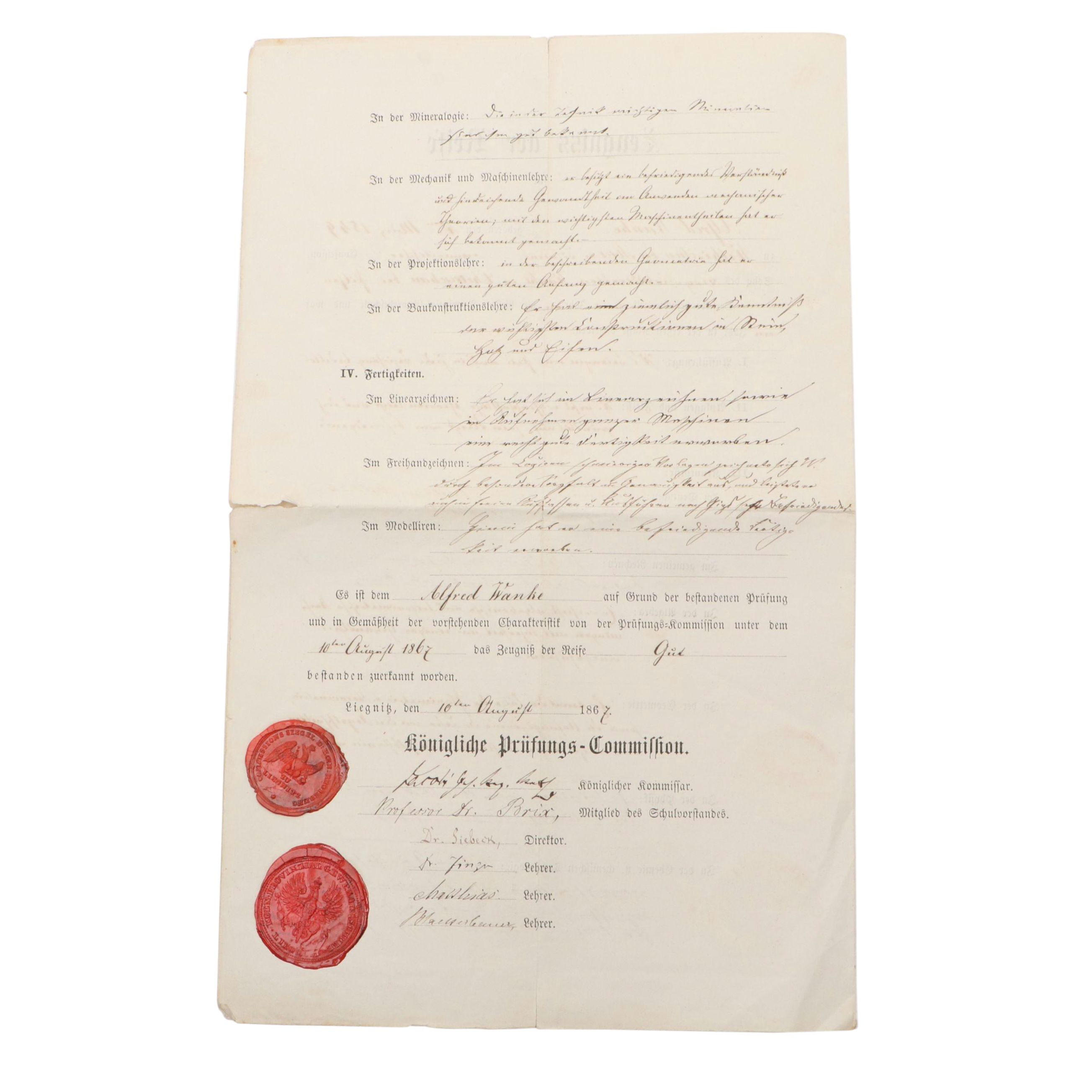 Prussian Provinzial-Gewerbeschule Academic Graduation Certificate, 1867