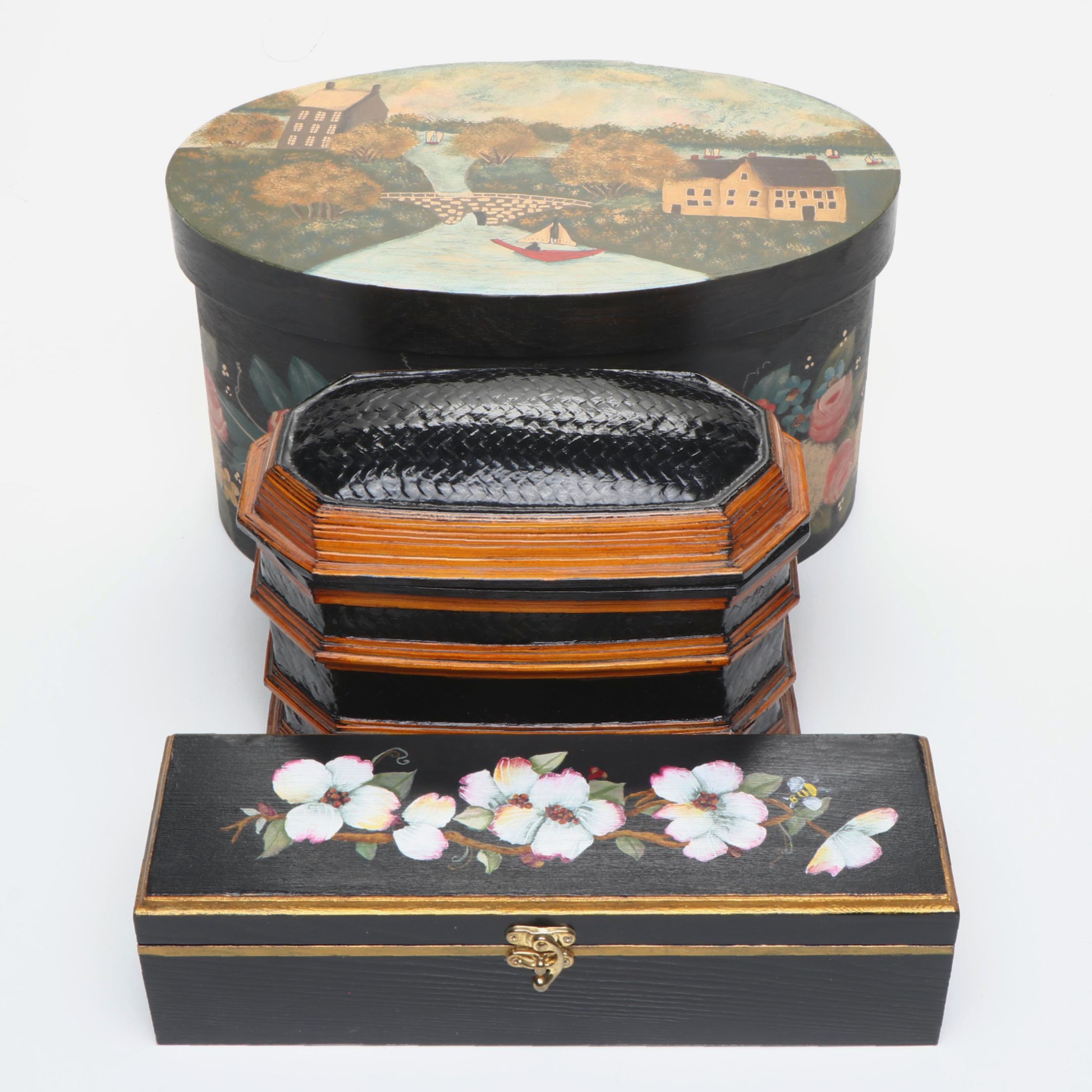 Hand-Painted Folk Art and Dogwood Boxes with Stacked Lacquer Bamboo Box