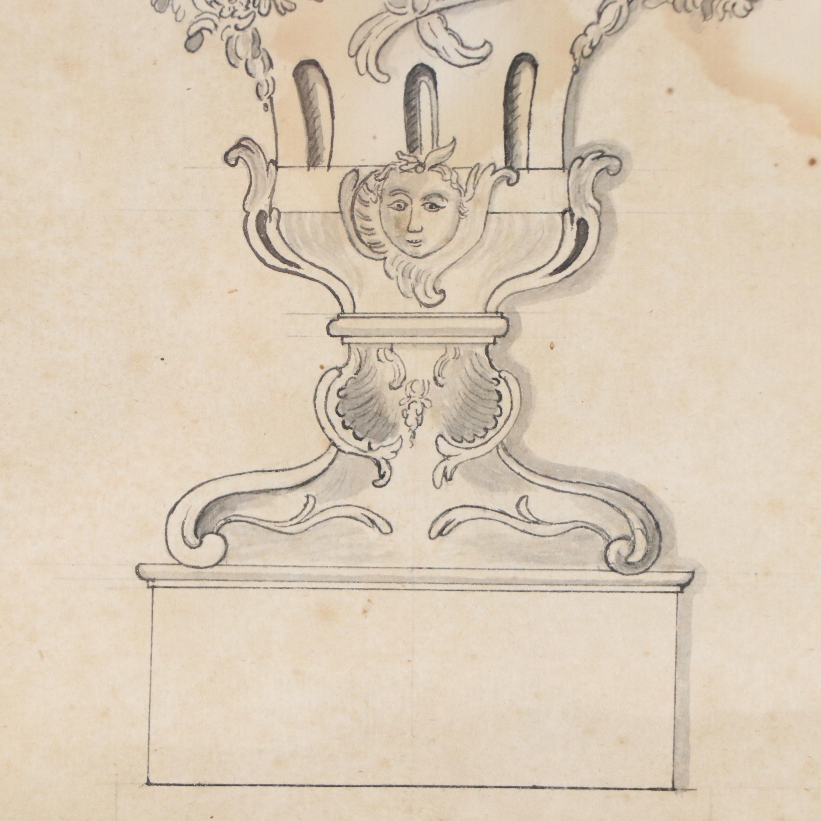 Ink and Wash Drawing of Ornamental Vase with Floral Details