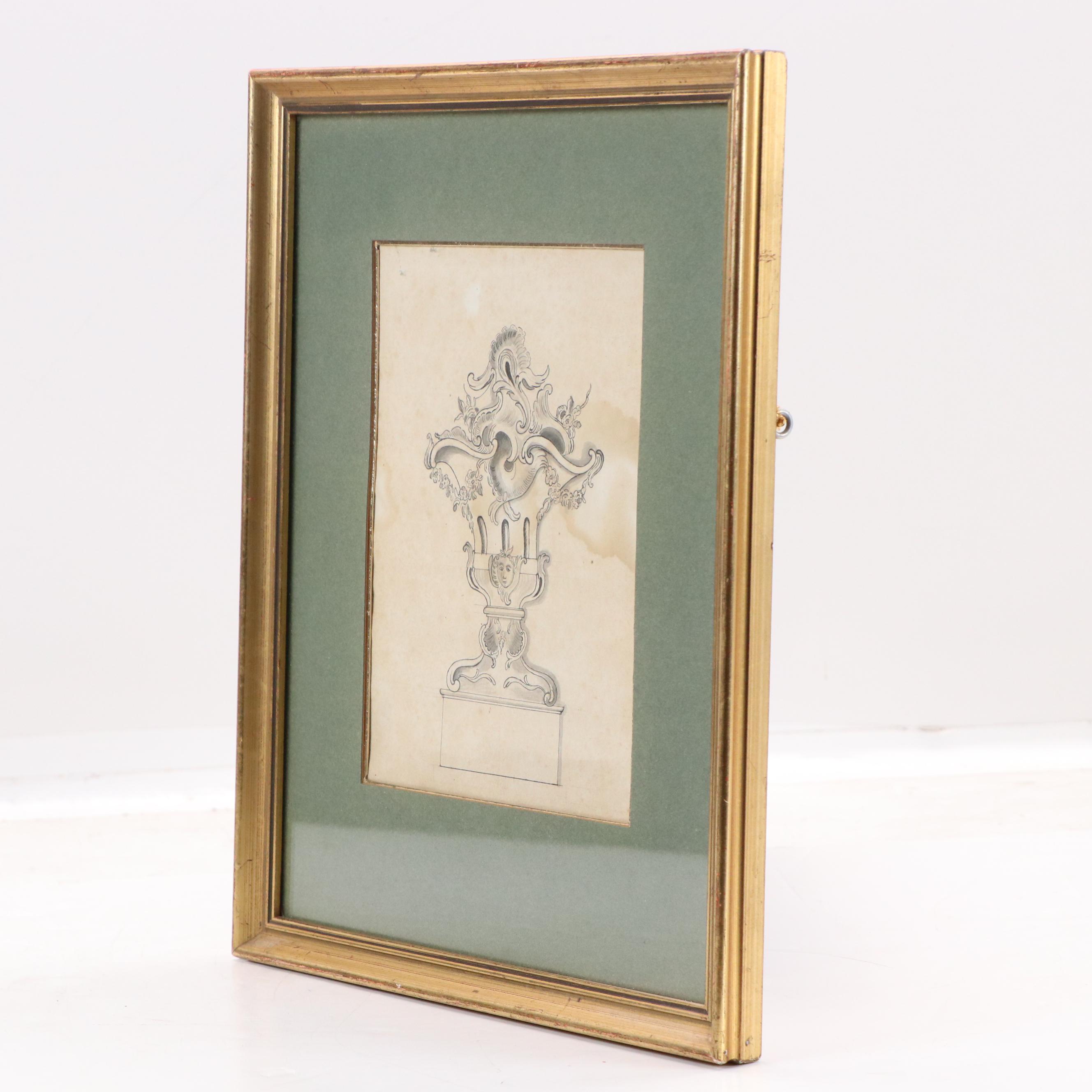 Ink and Wash Drawing of Ornamental Vase with Floral Details