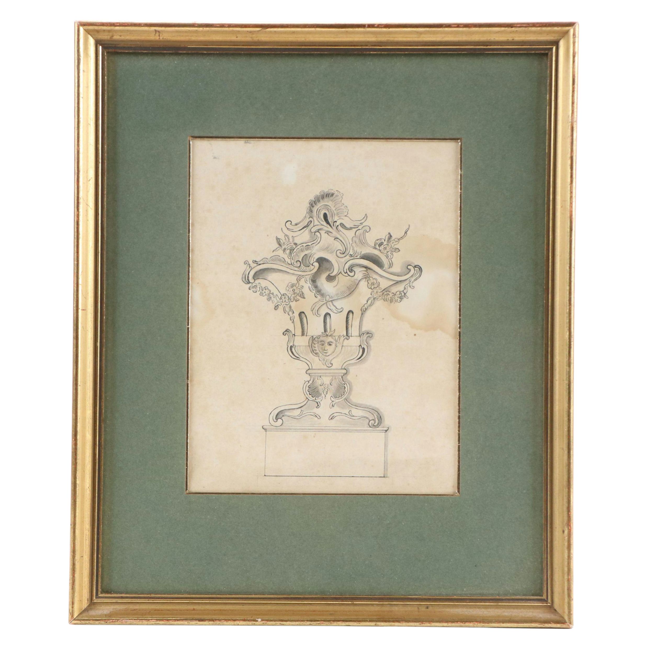 Ink and Wash Drawing of Ornamental Vase with Floral Details