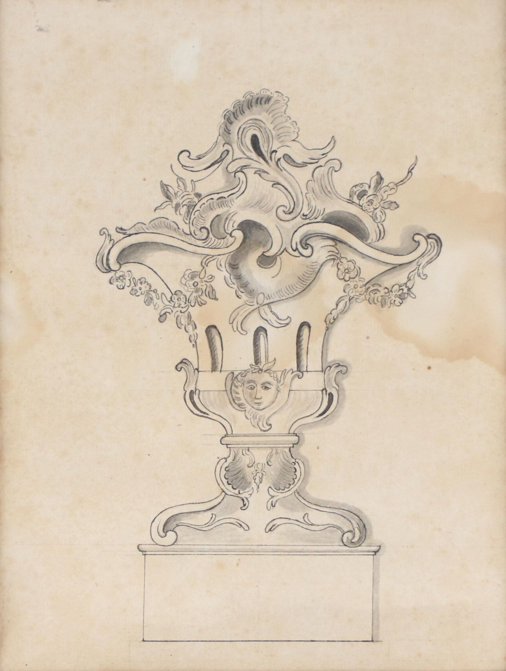 Ink and Wash Drawing of Ornamental Vase with Floral Details