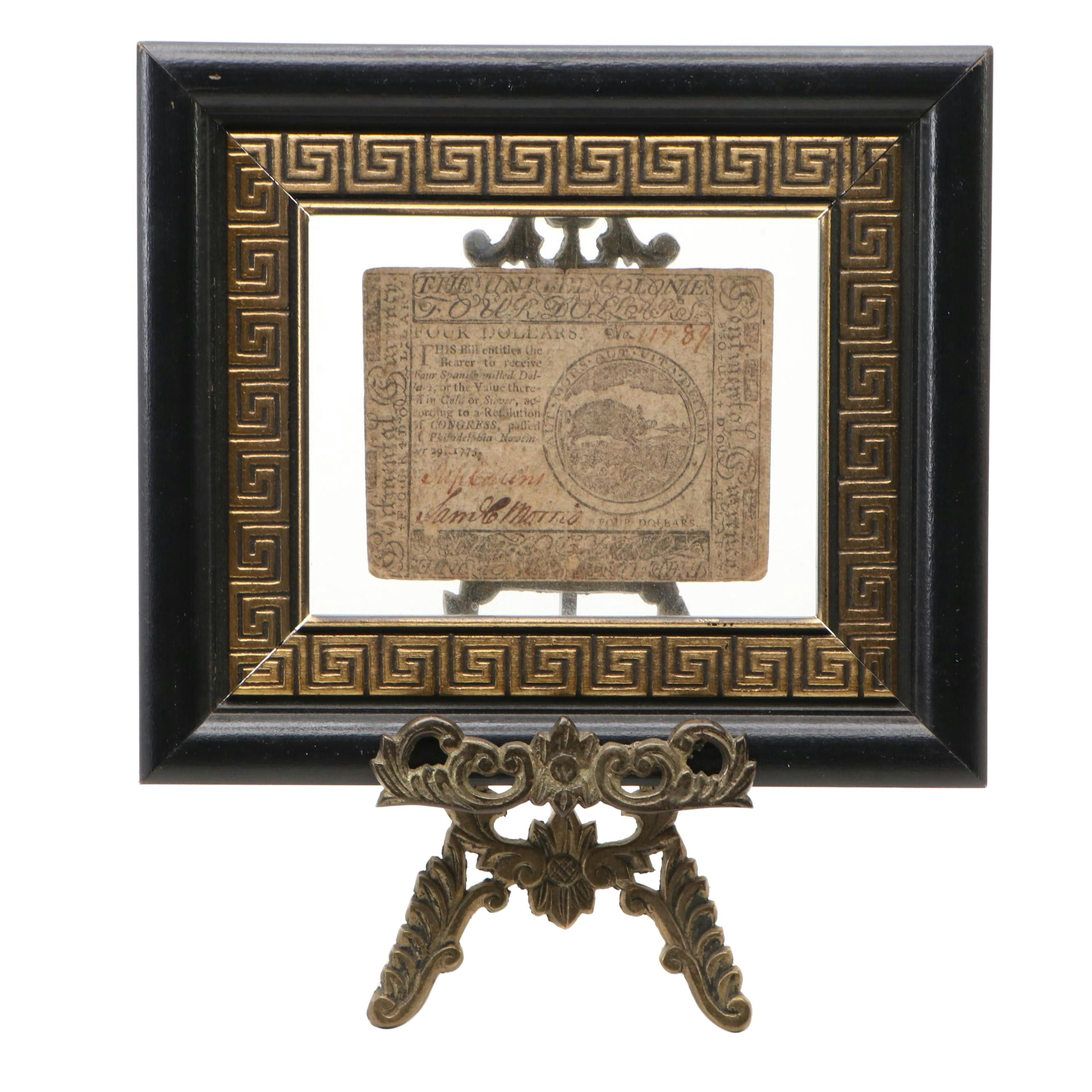 American Revolution Era Continental Currency Four Dollar Bill, 1775