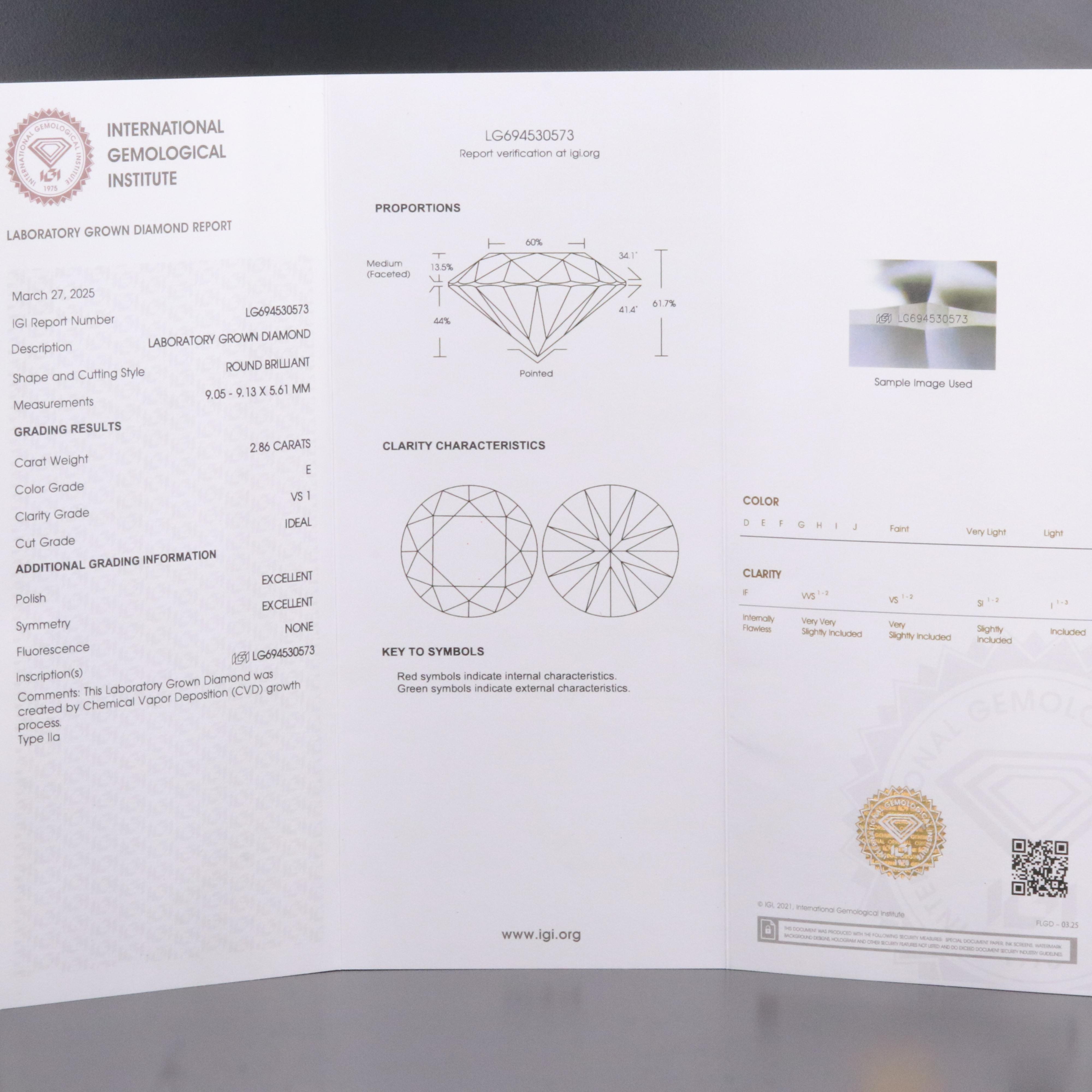 Loose 2.86 CT Lab Grown Diamond with IGI Report