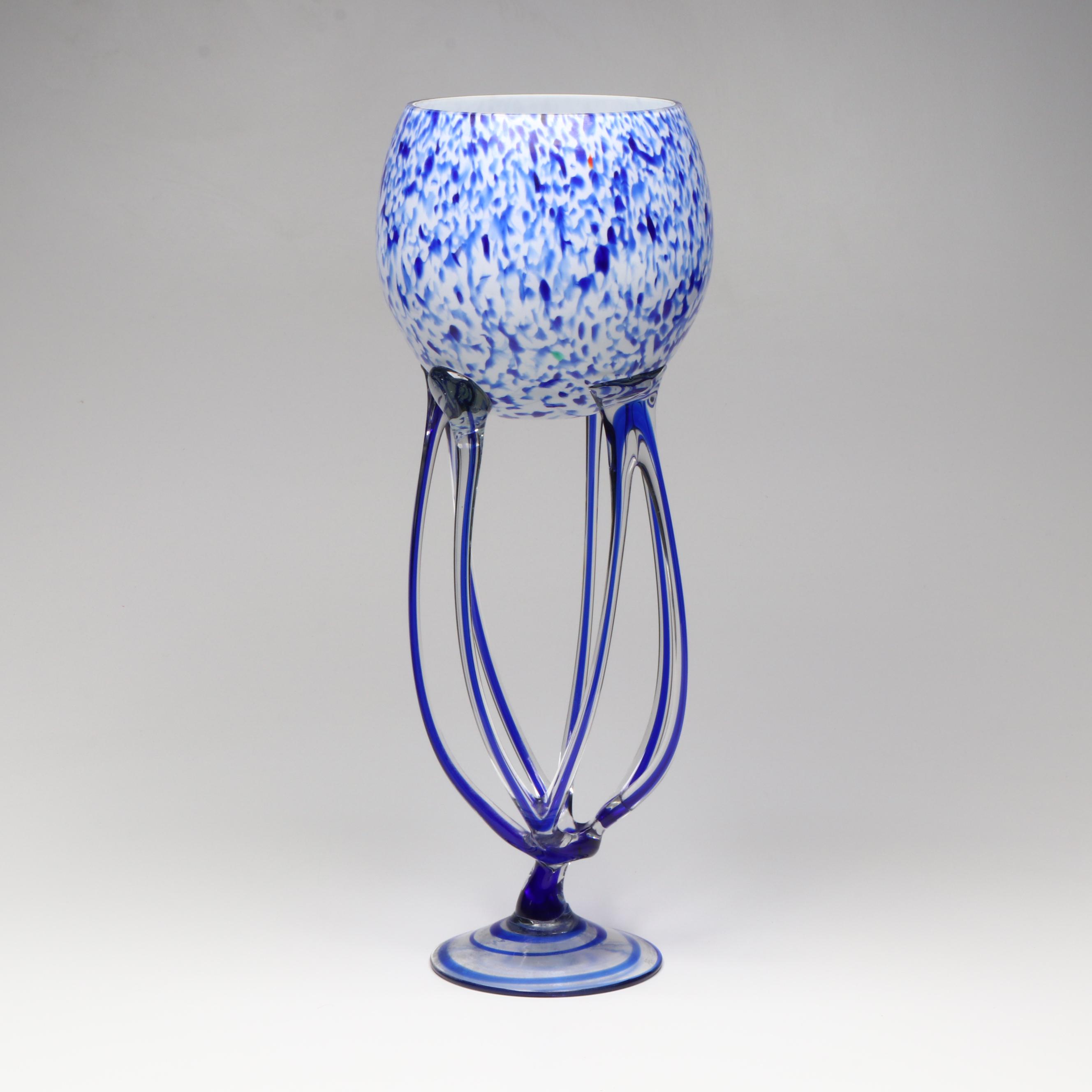 Krosno Style Contemporary Blue and White Art Glass Jellyfish Pedestal Bowl