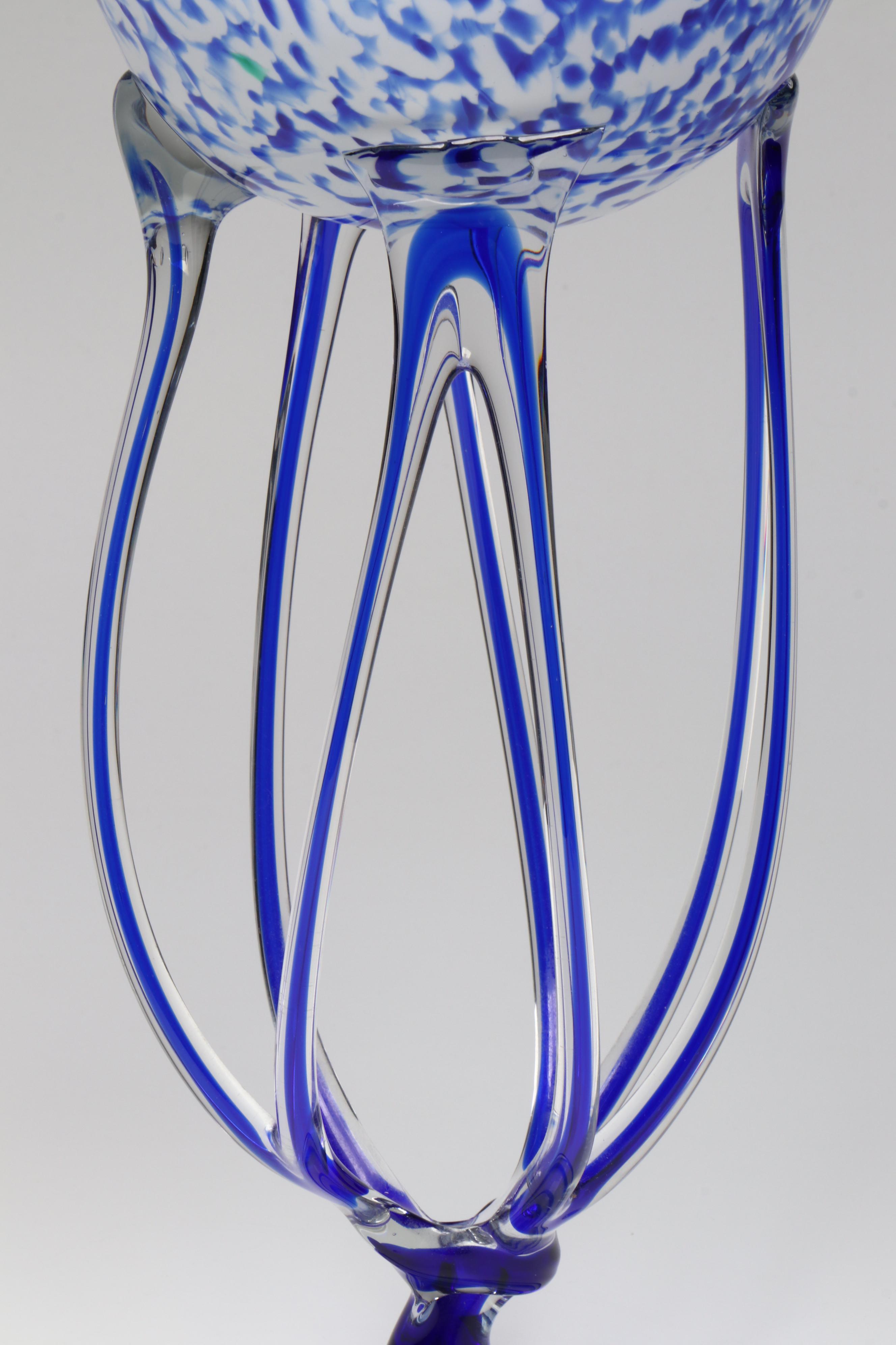 Krosno Style Contemporary Blue and White Art Glass Jellyfish Pedestal Bowl