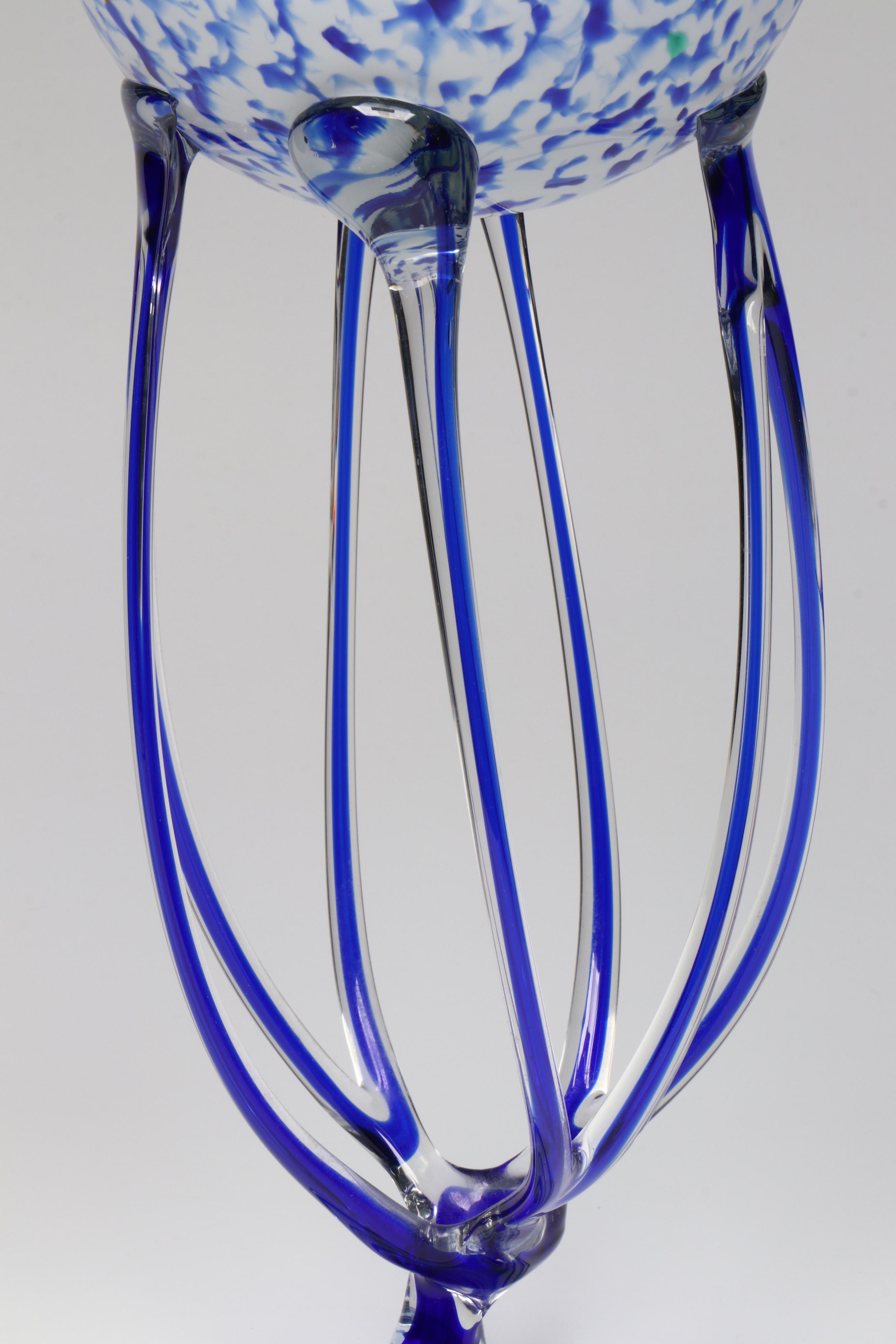 Krosno Style Contemporary Blue and White Art Glass Jellyfish Pedestal Bowl