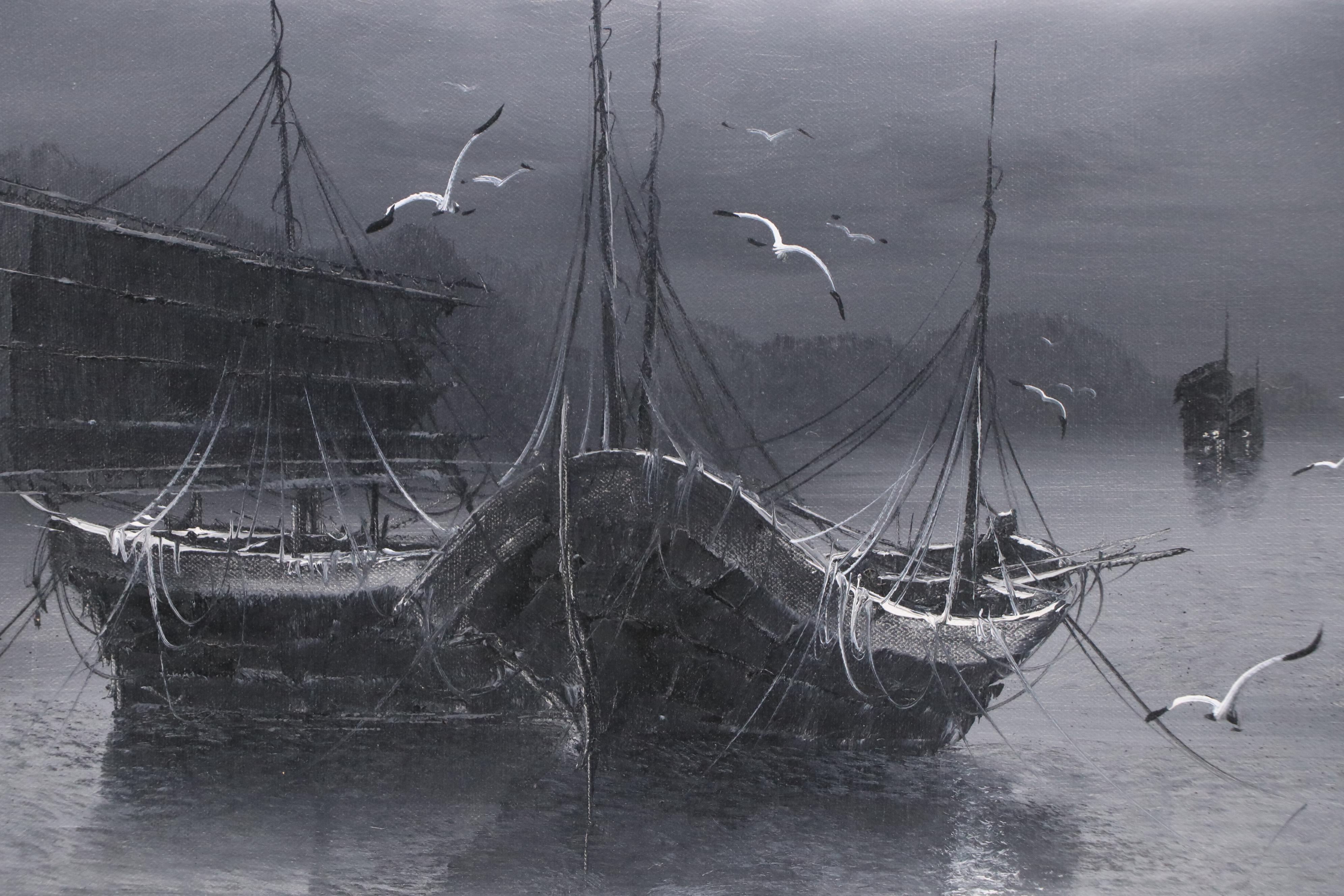 Grisaille Maritime Oil Painting, Late 20th Century