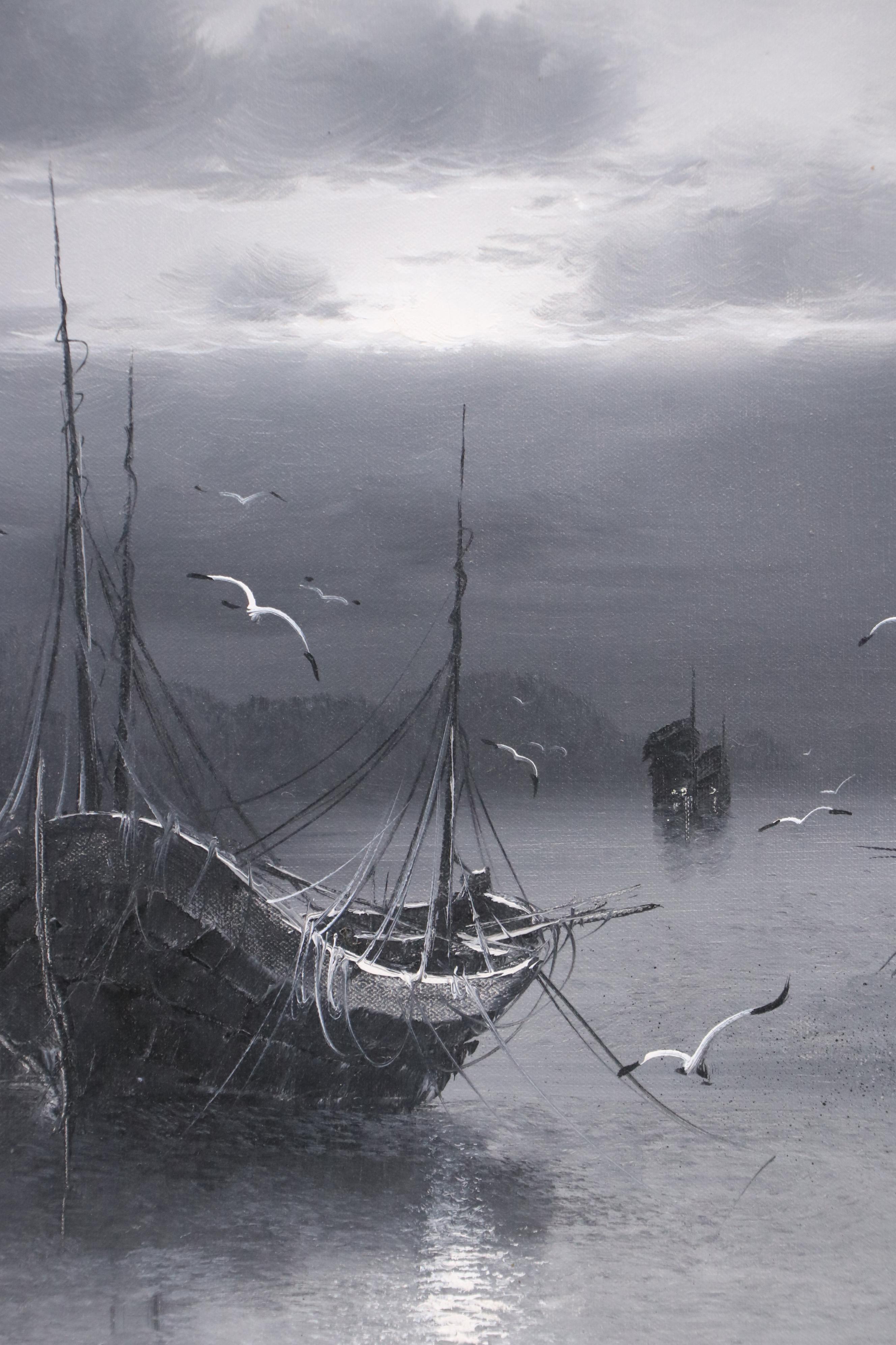 Grisaille Maritime Oil Painting, Late 20th Century