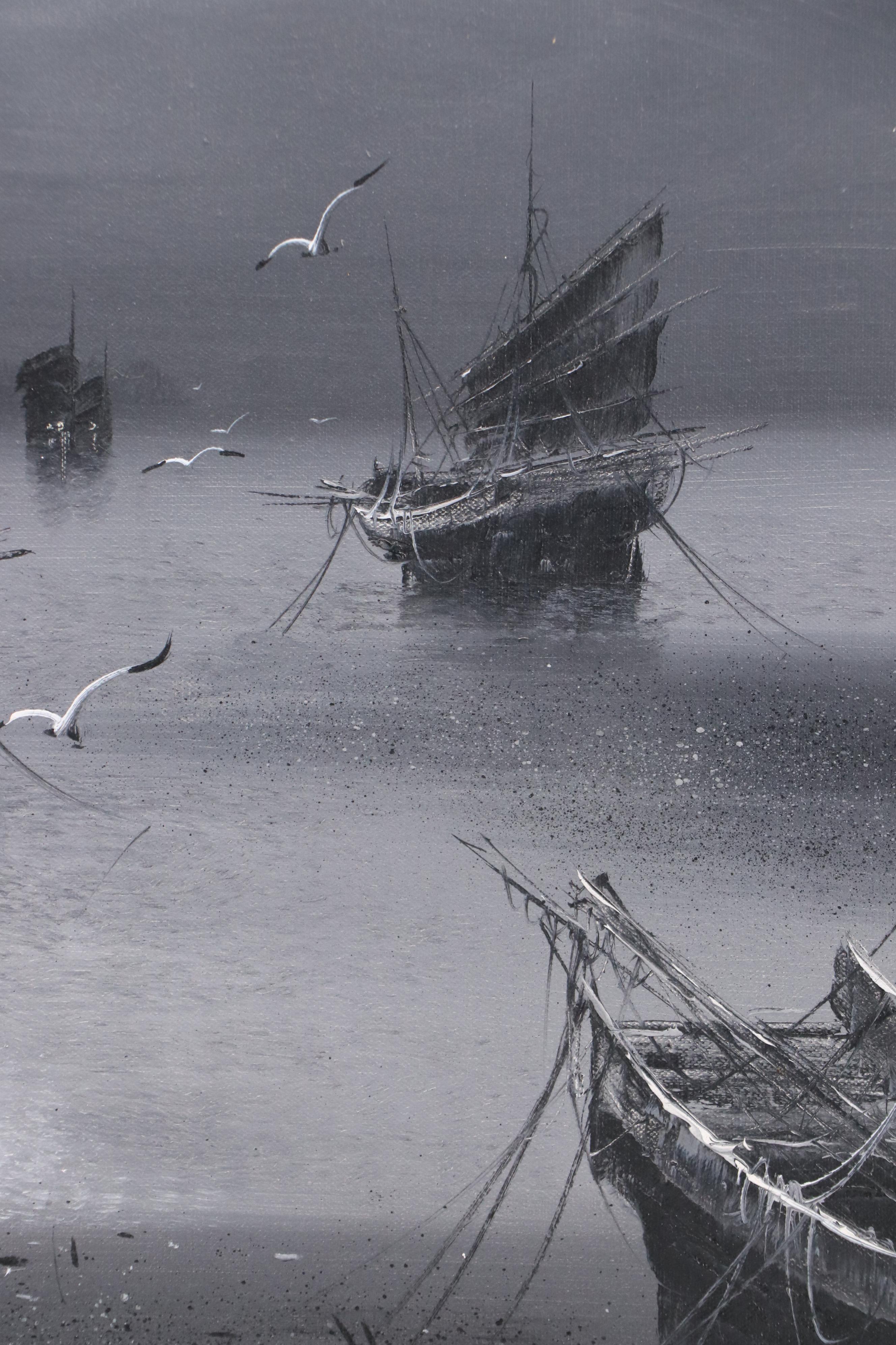 Grisaille Maritime Oil Painting, Late 20th Century