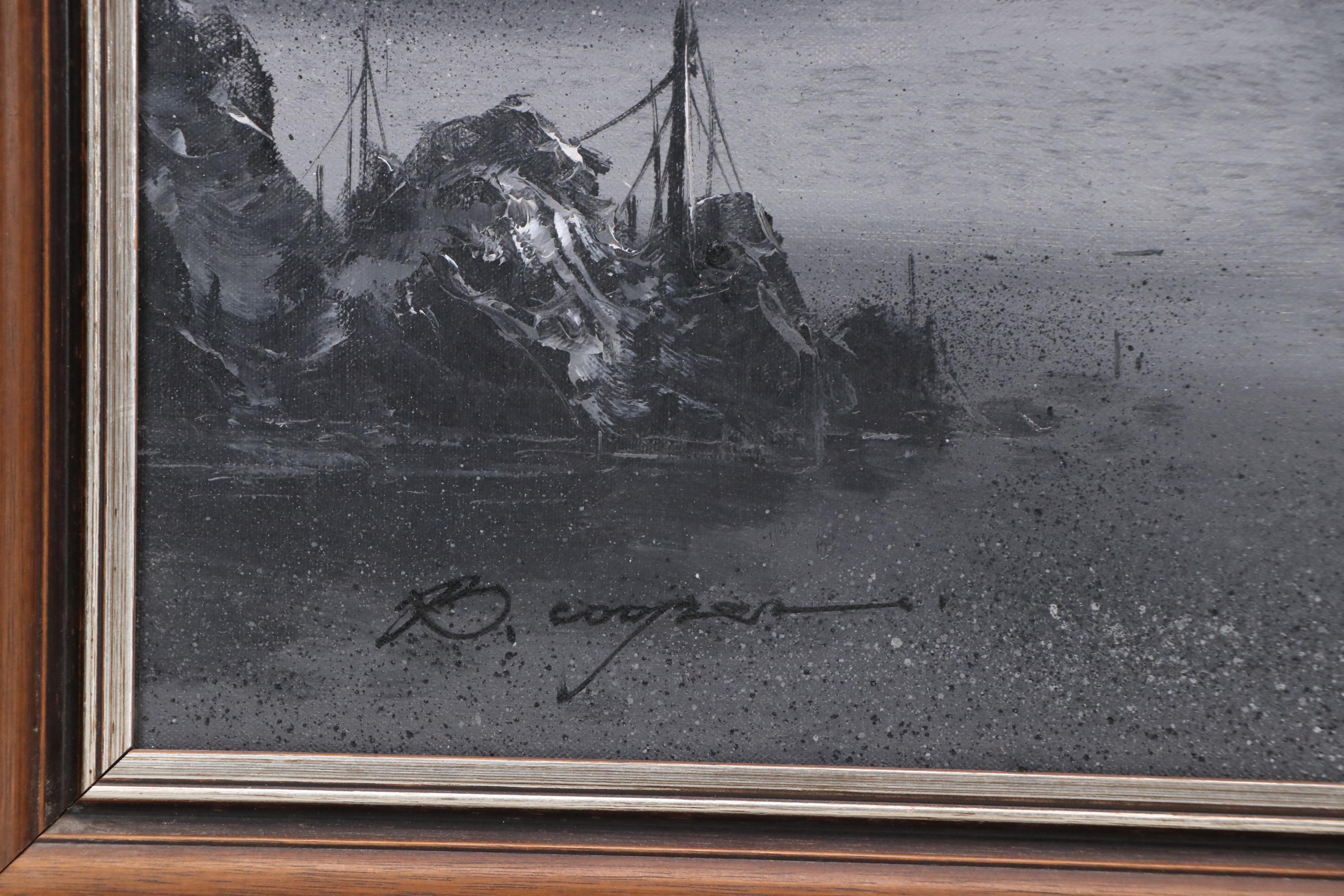 Grisaille Maritime Oil Painting, Late 20th Century