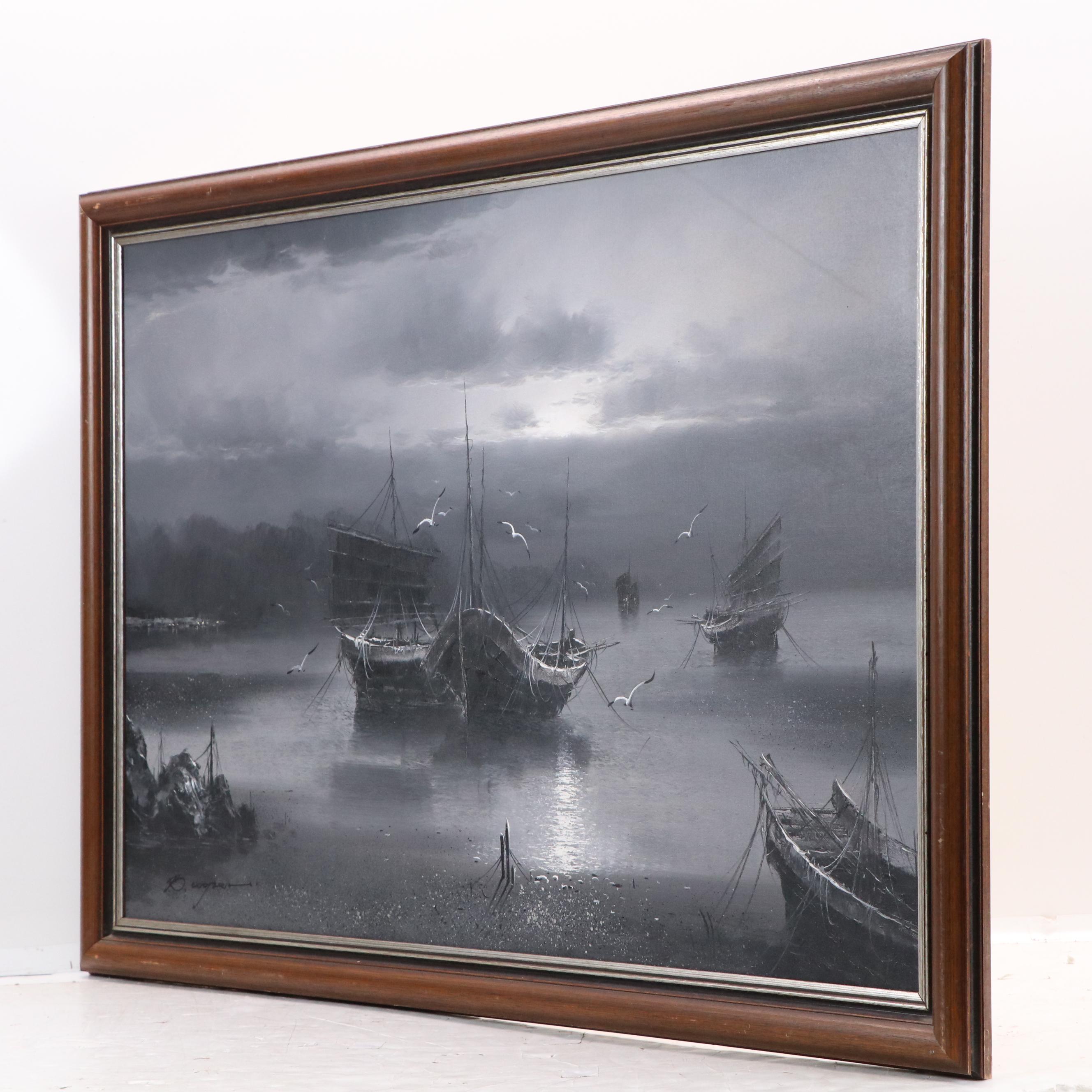 Grisaille Maritime Oil Painting, Late 20th Century