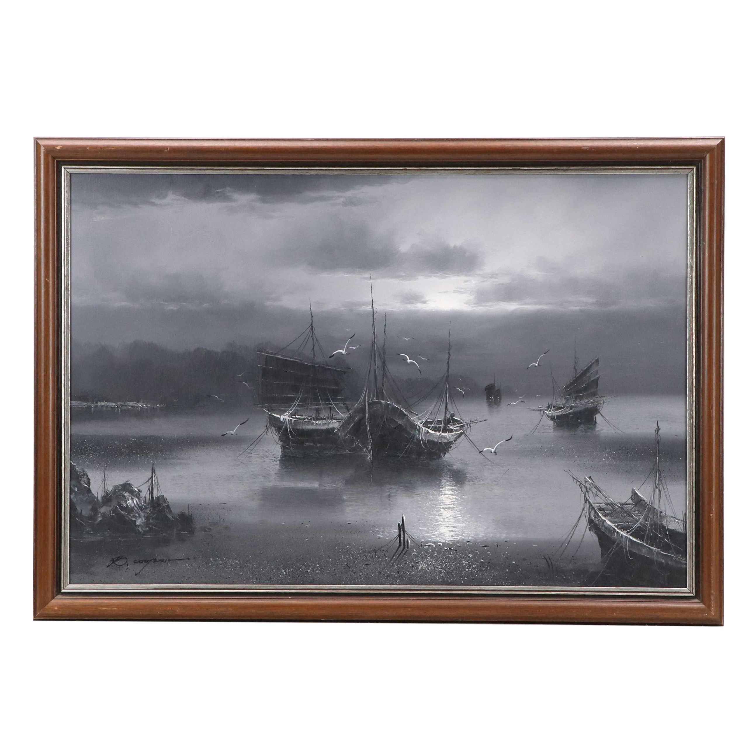 Grisaille Maritime Oil Painting, Late 20th Century