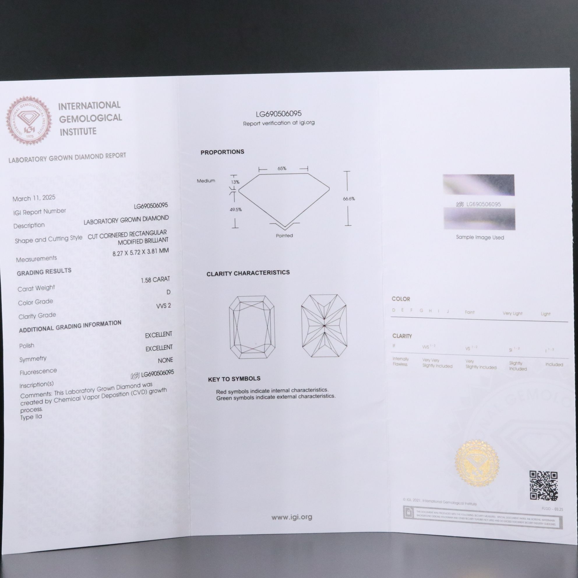 Loose 1.58 CT Lab Grown Diamond with IGI Report