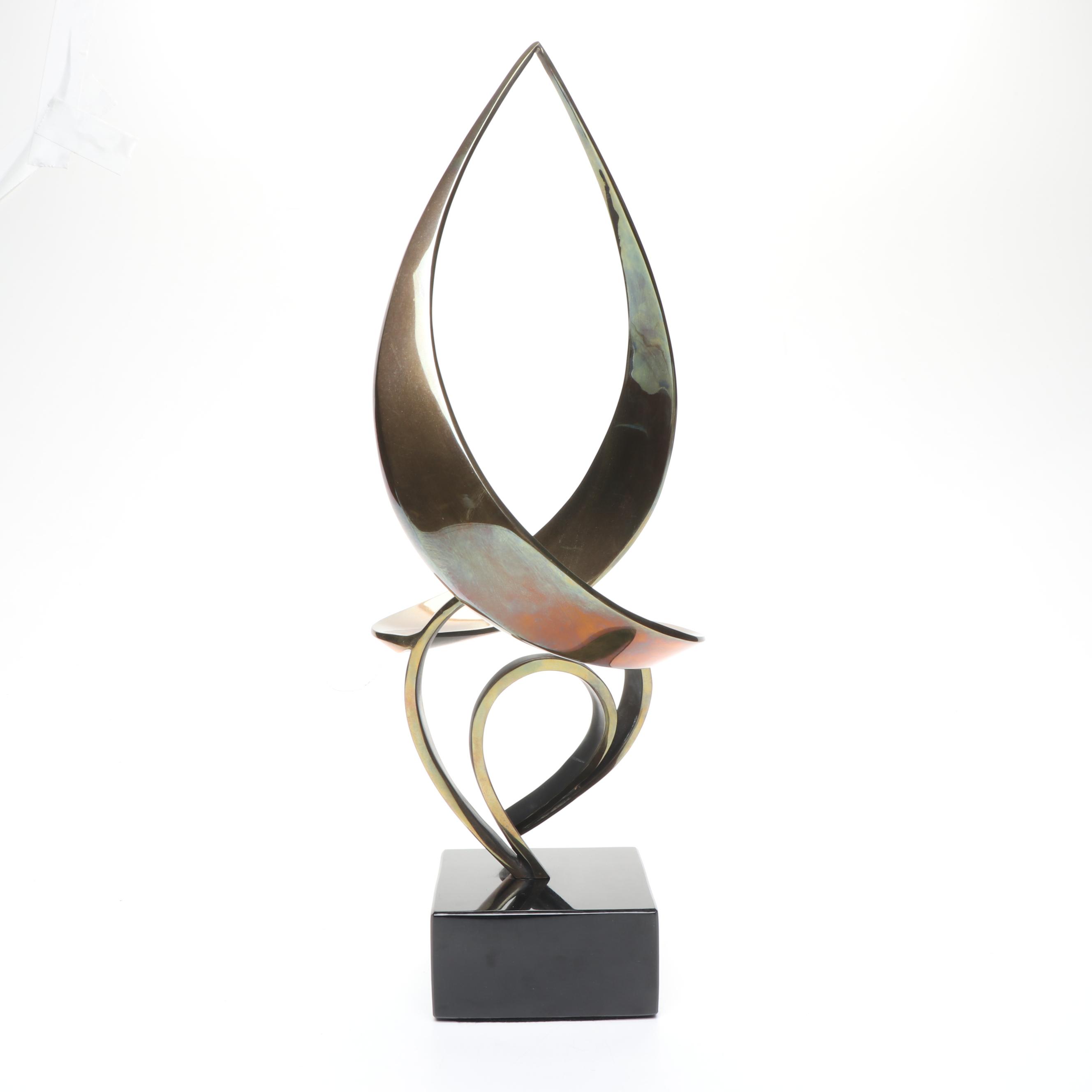 Abstract Brass Sculpture on Marble Base