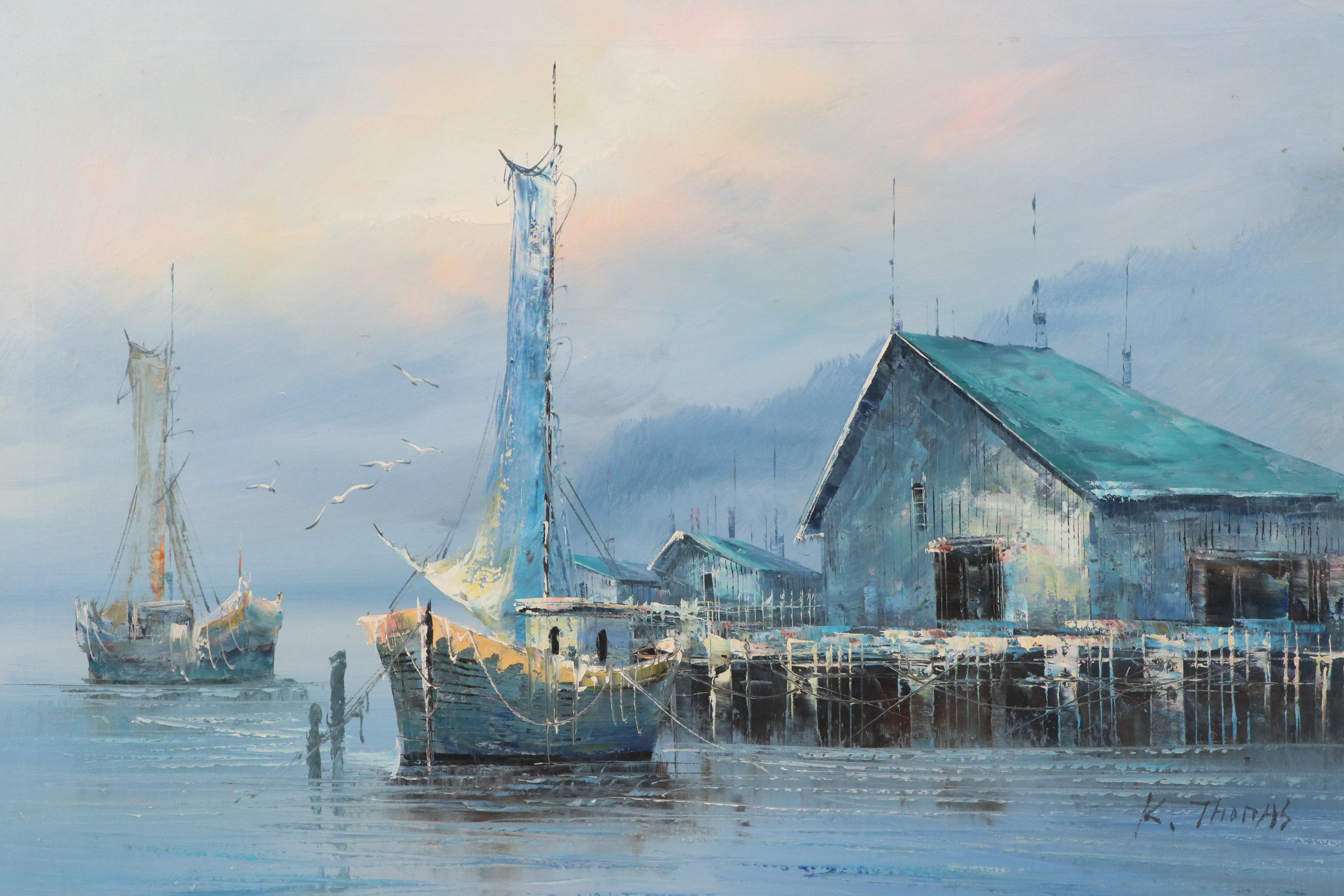 K. Thomas Dock Scene Oil Painting, Late 20th Century