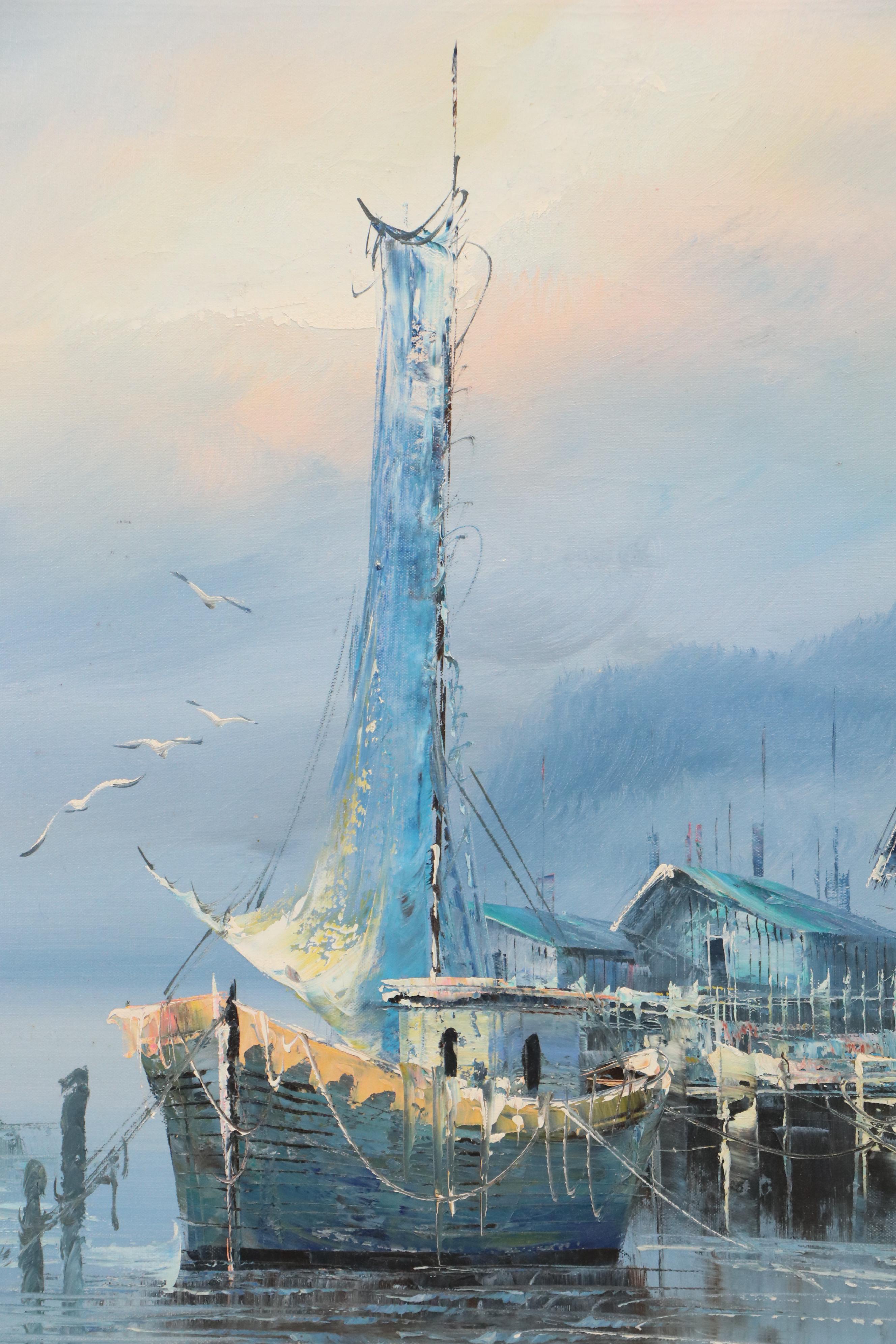 K. Thomas Dock Scene Oil Painting, Late 20th Century