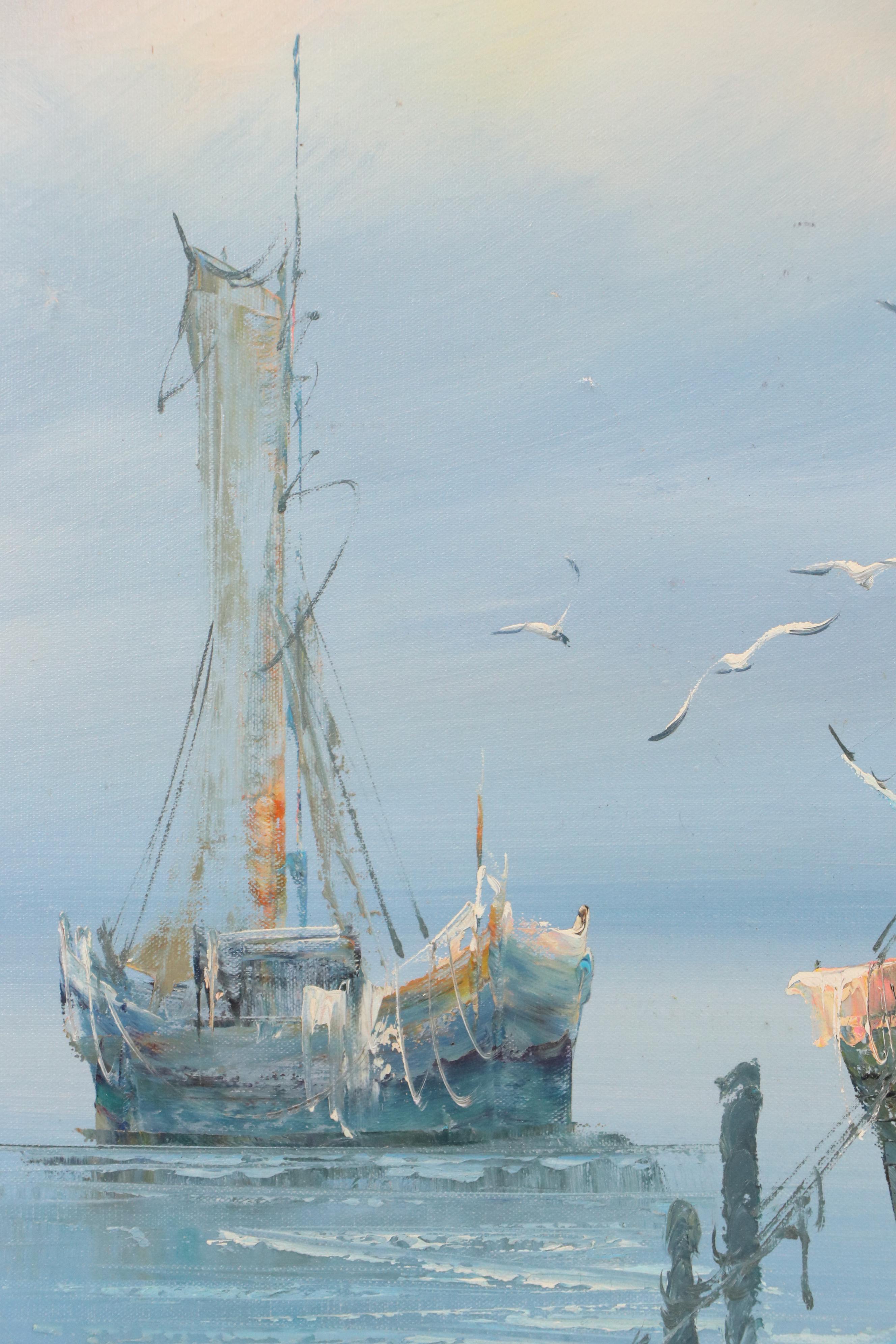 K. Thomas Dock Scene Oil Painting, Late 20th Century