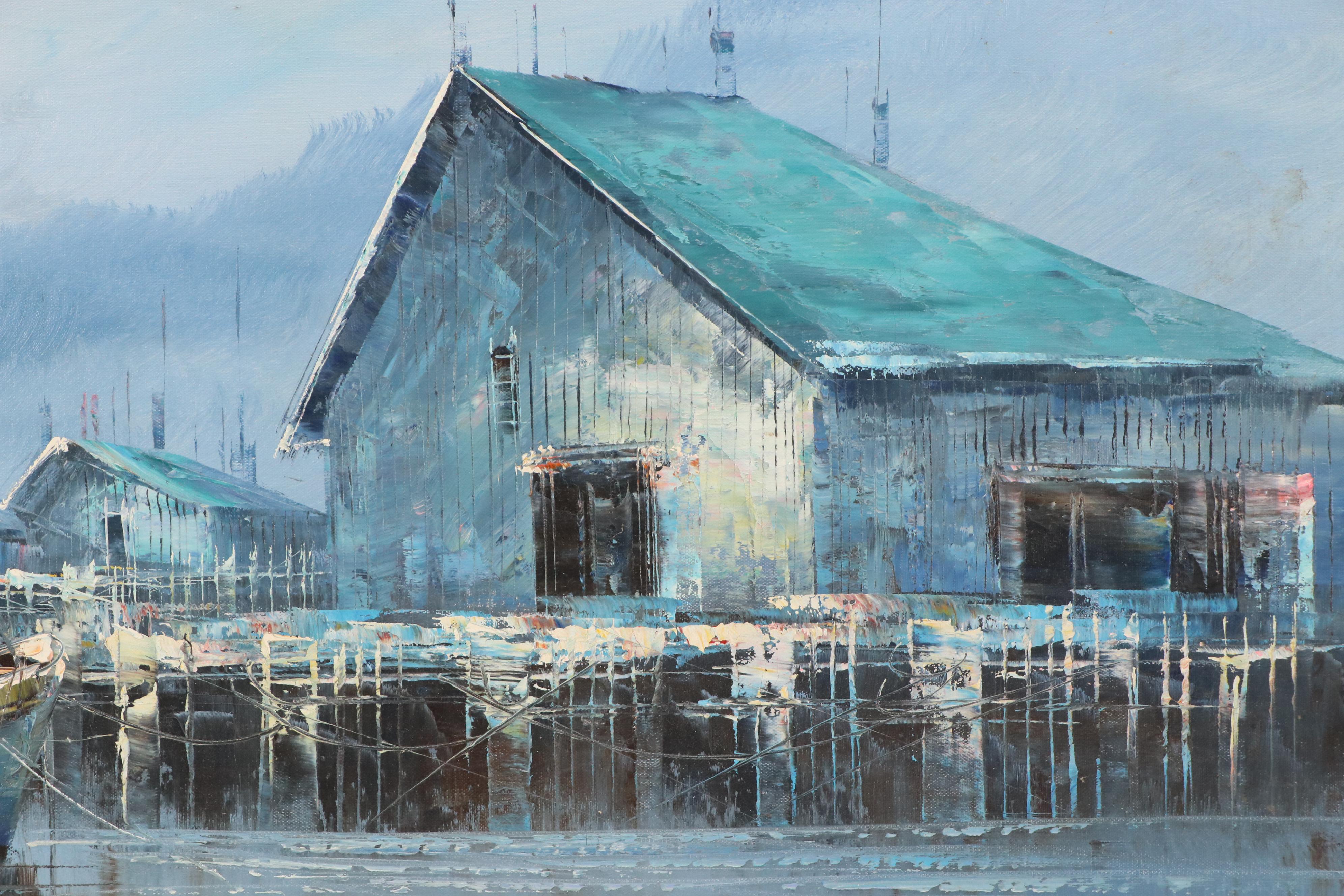 K. Thomas Dock Scene Oil Painting, Late 20th Century