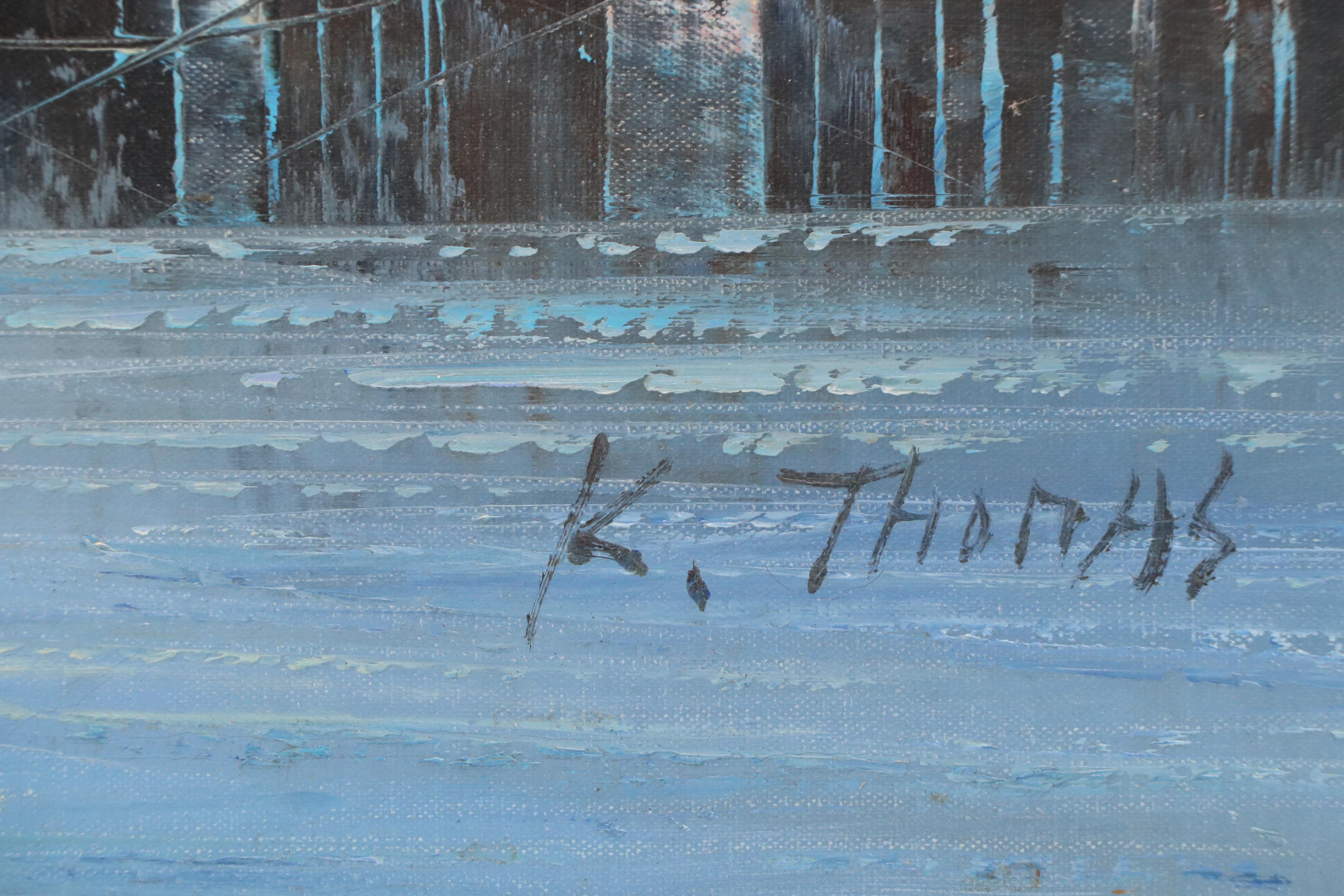 K. Thomas Dock Scene Oil Painting, Late 20th Century