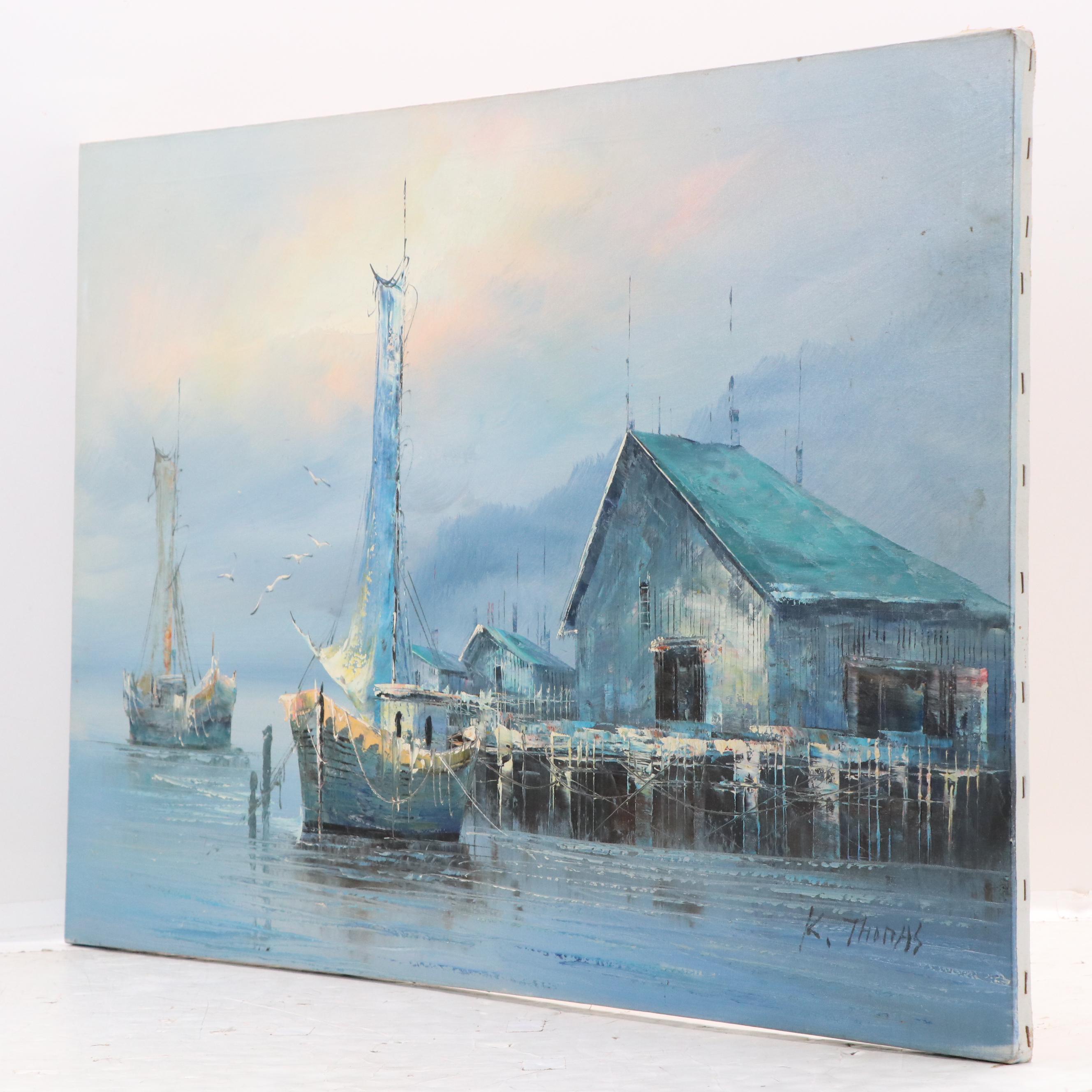 K. Thomas Dock Scene Oil Painting, Late 20th Century