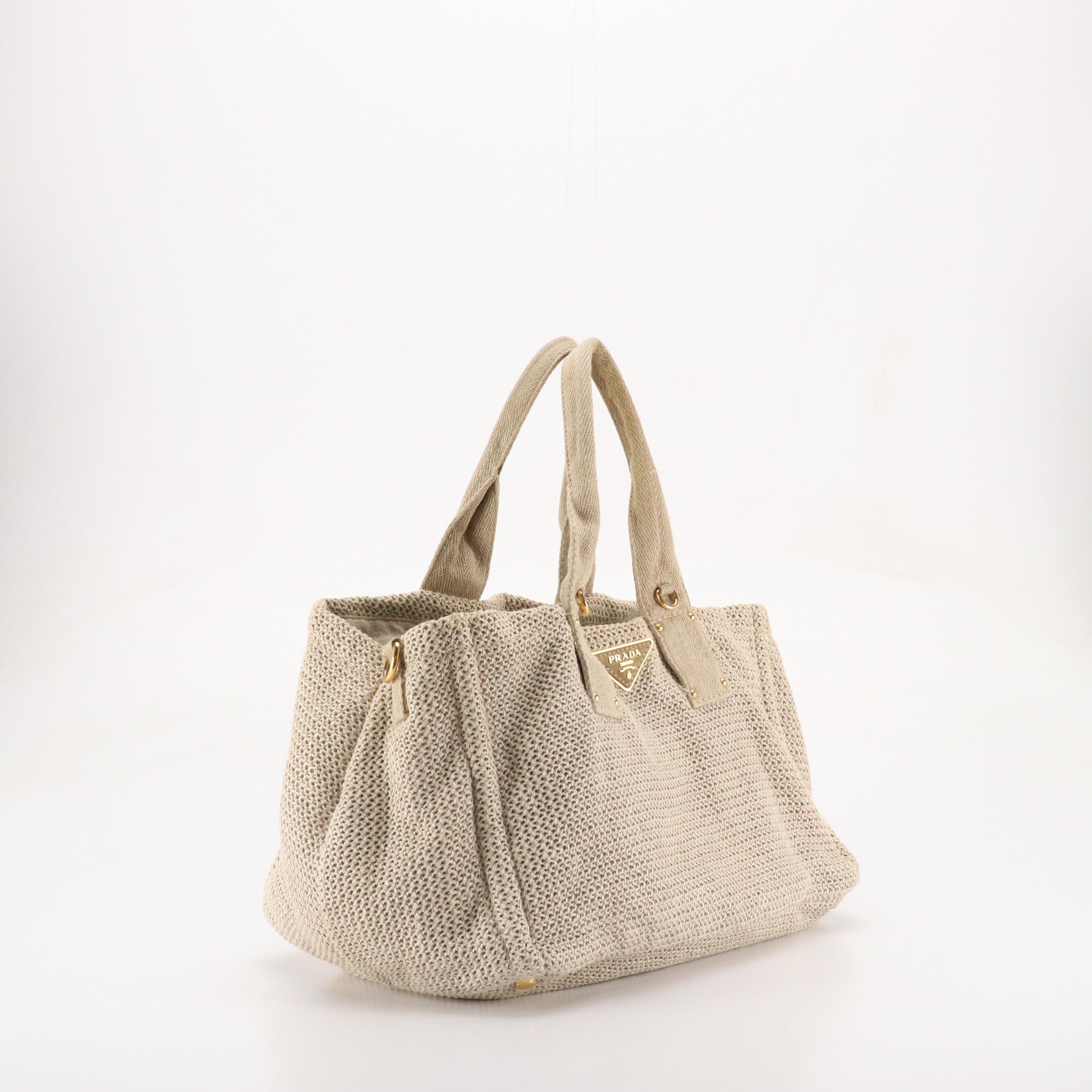Prada Large Two-Way Satchel Bag in Natural Crochet Linen and Canvas Trim