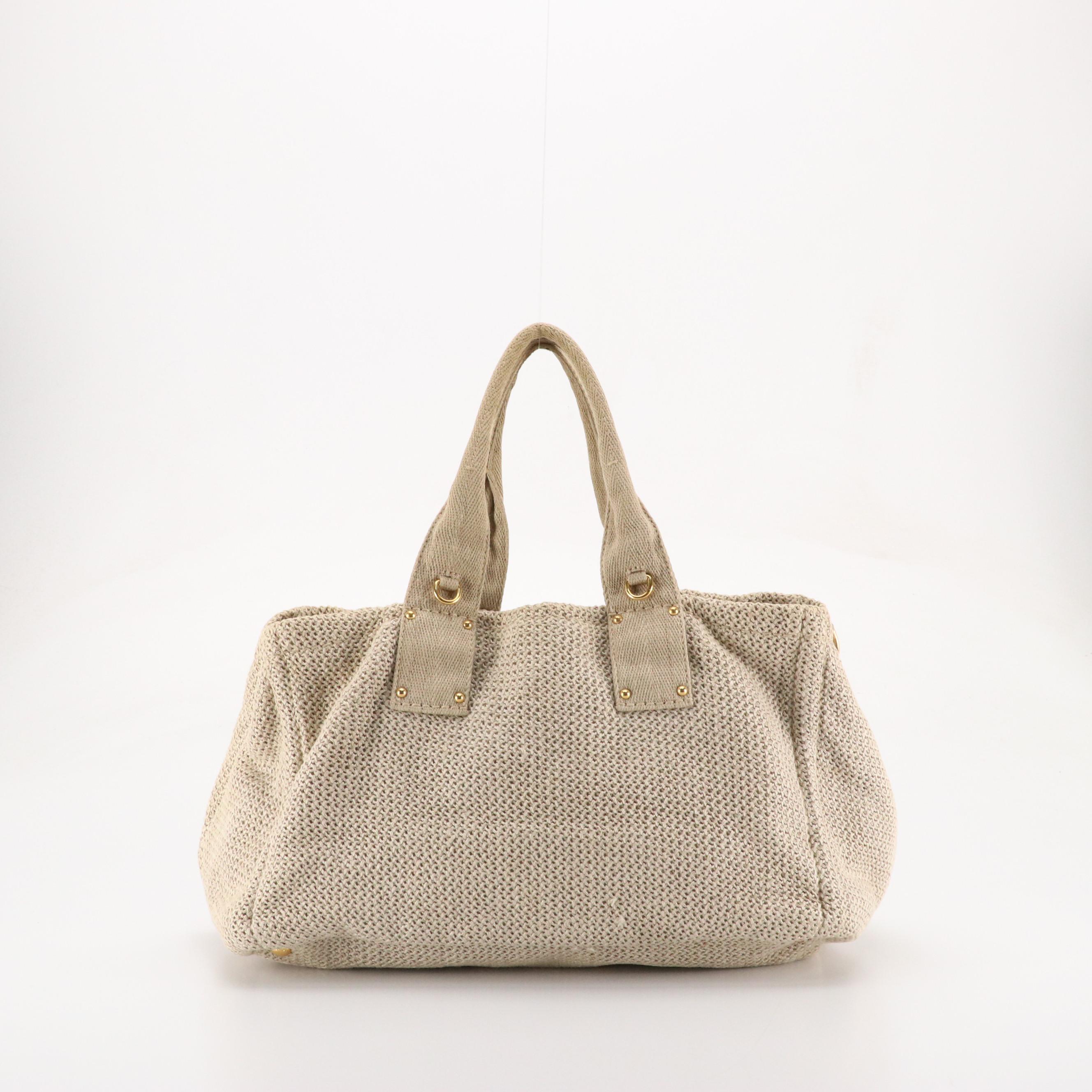 Prada Large Two-Way Satchel Bag in Natural Crochet Linen and Canvas Trim