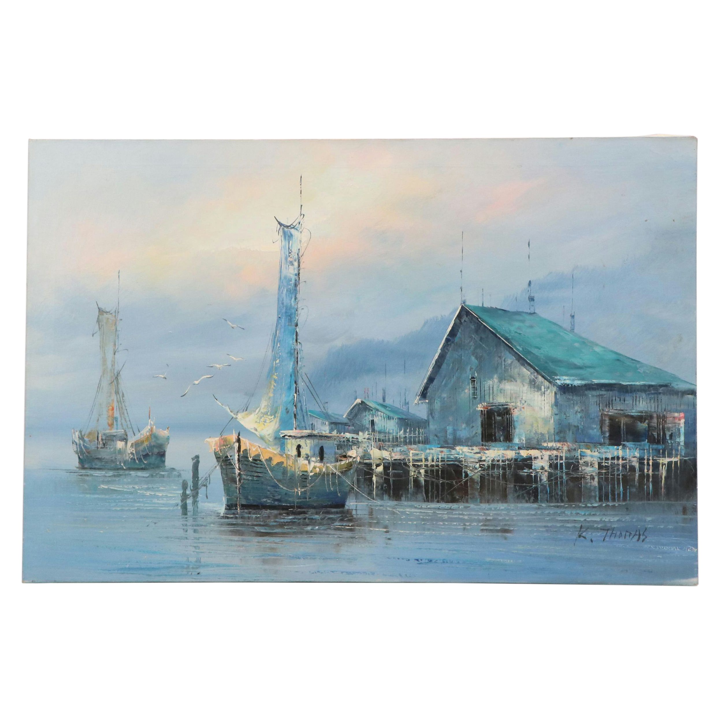 K. Thomas Dock Scene Oil Painting, Late 20th Century