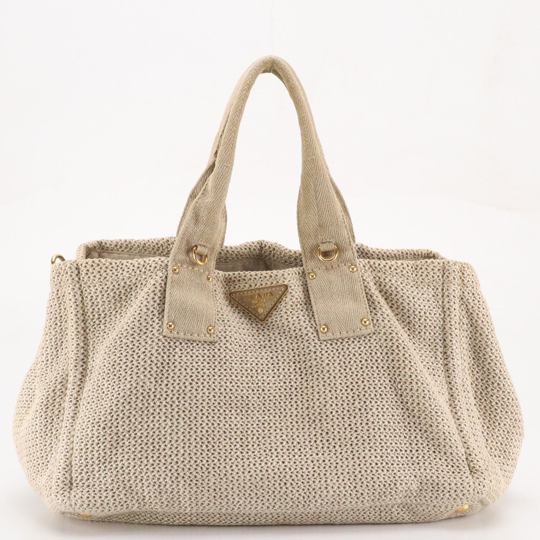 Prada Large Two-Way Satchel Bag in Natural Crochet Linen and Canvas Trim