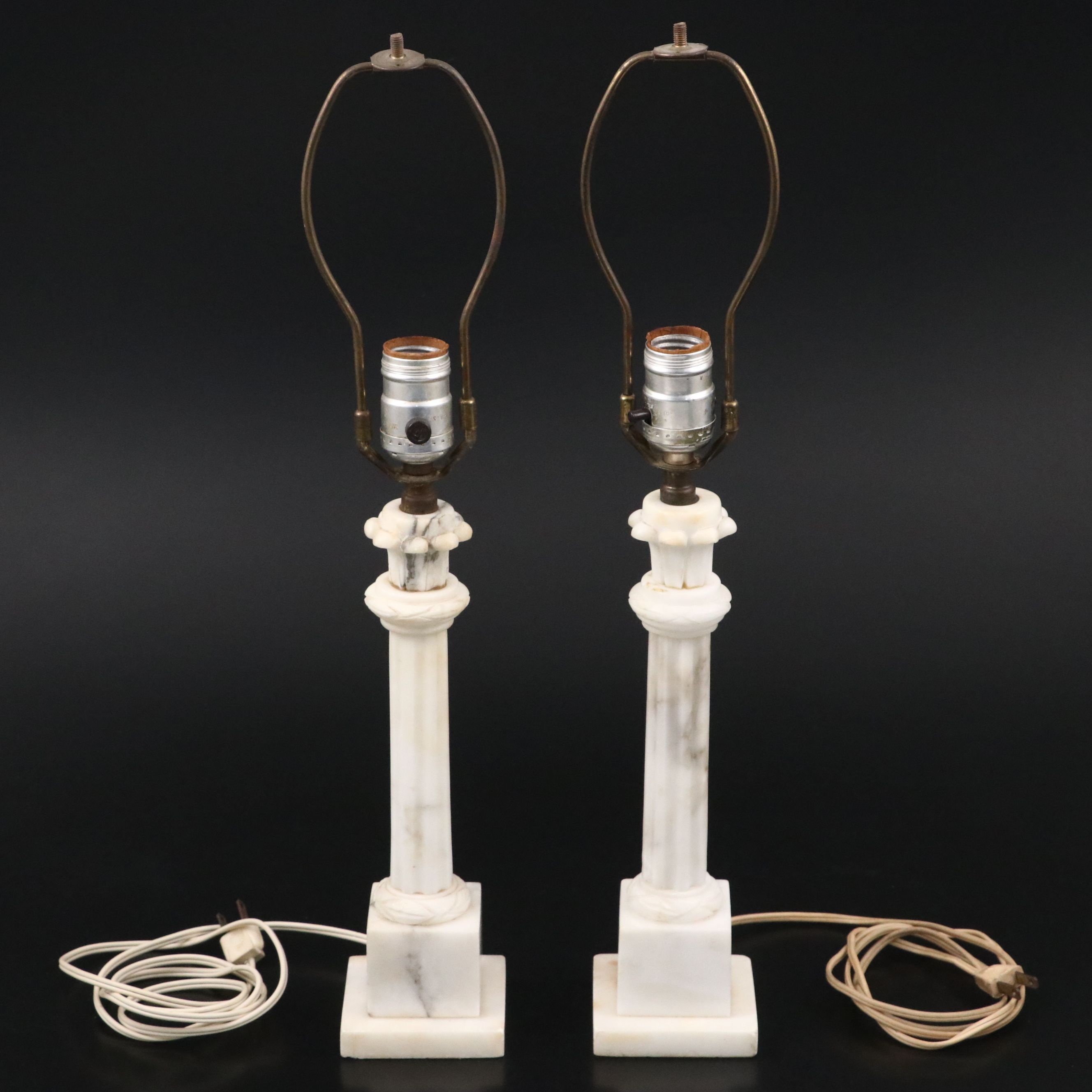 Neoclassical Carved Alabaster Pillar Table Lamps, Mid to Late 20th Century