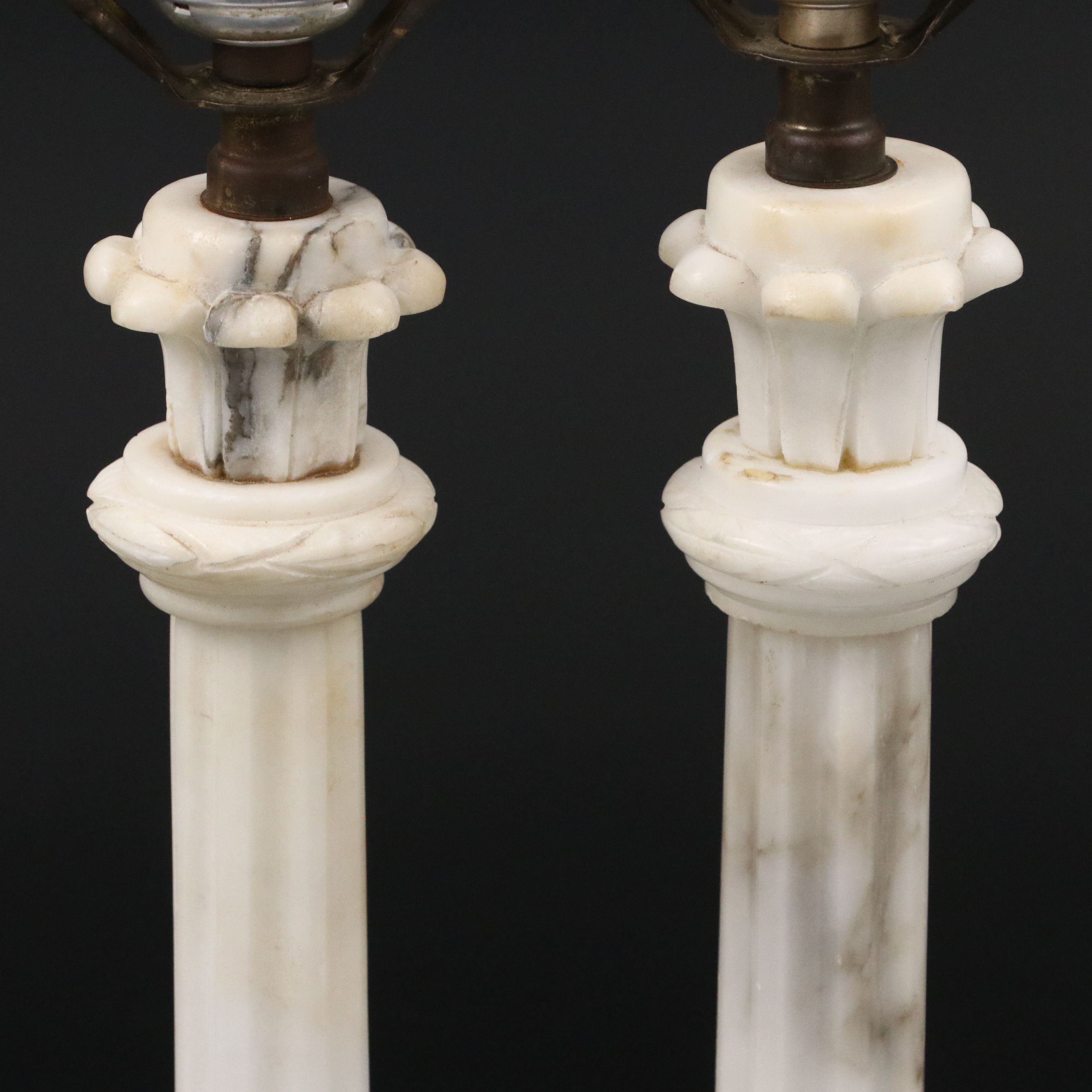 Neoclassical Carved Alabaster Pillar Table Lamps, Mid to Late 20th Century