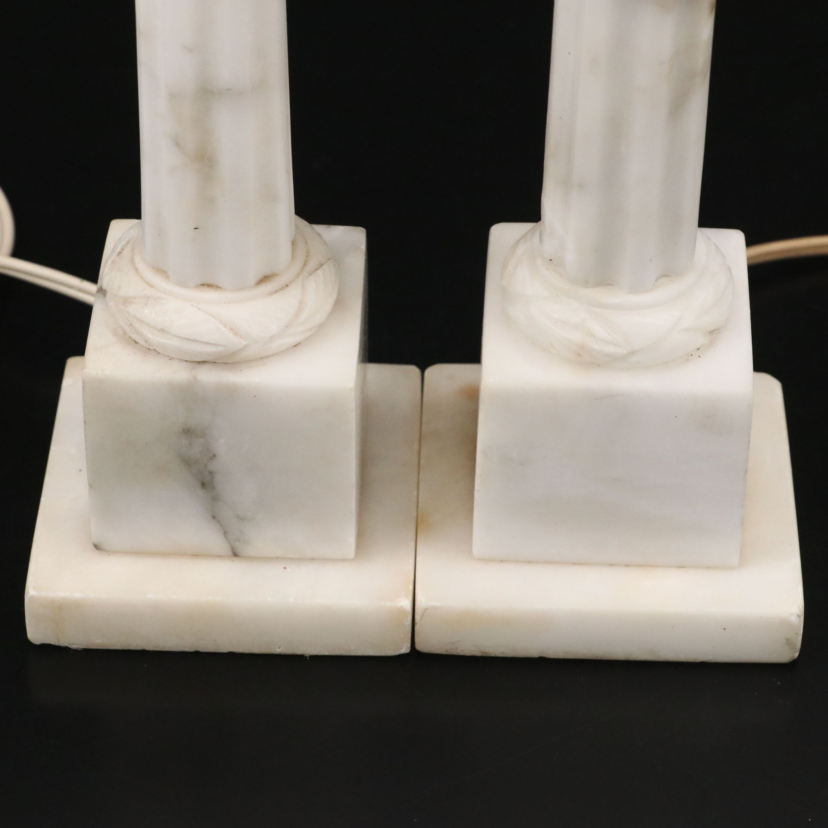 Neoclassical Carved Alabaster Pillar Table Lamps, Mid to Late 20th Century