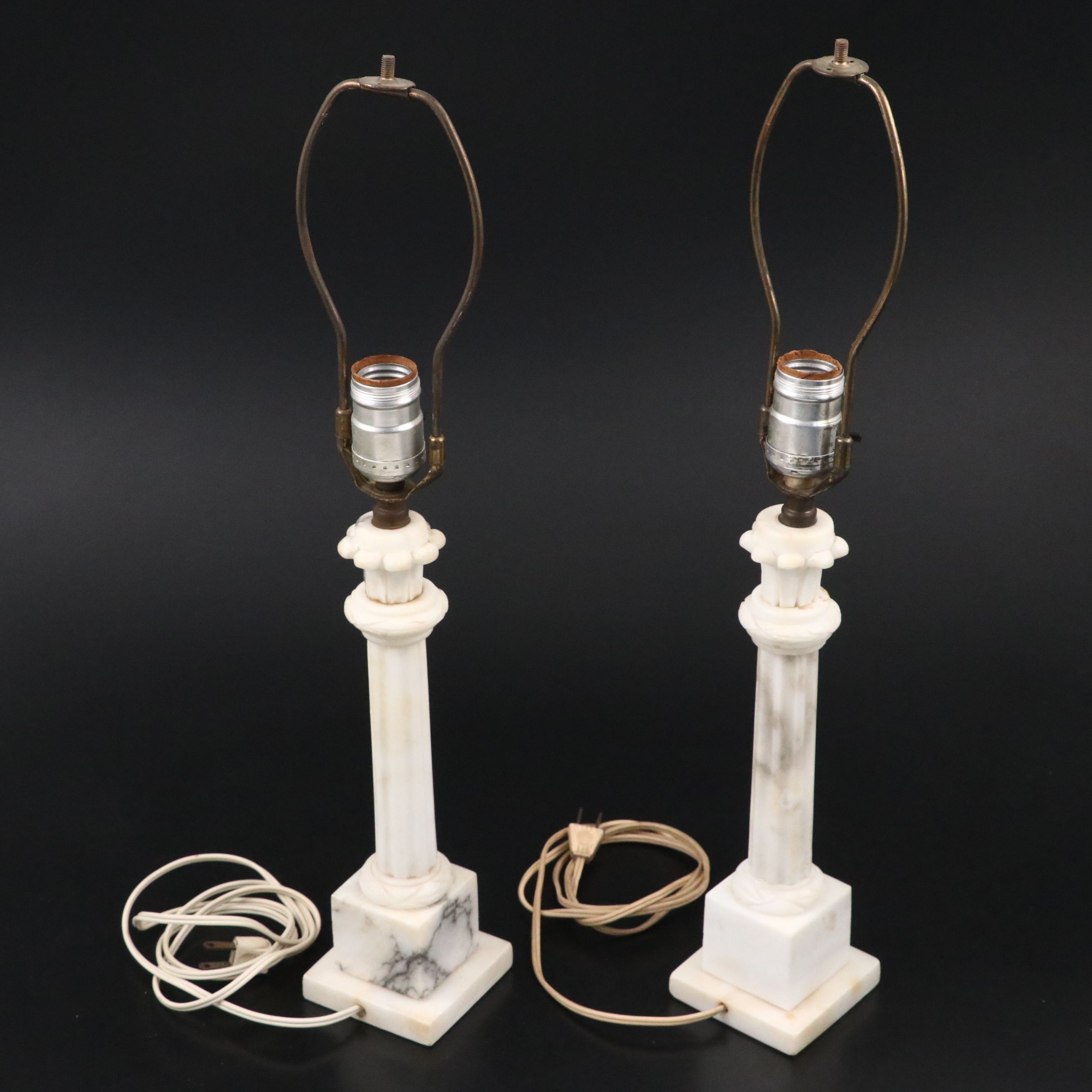 Neoclassical Carved Alabaster Pillar Table Lamps, Mid to Late 20th Century