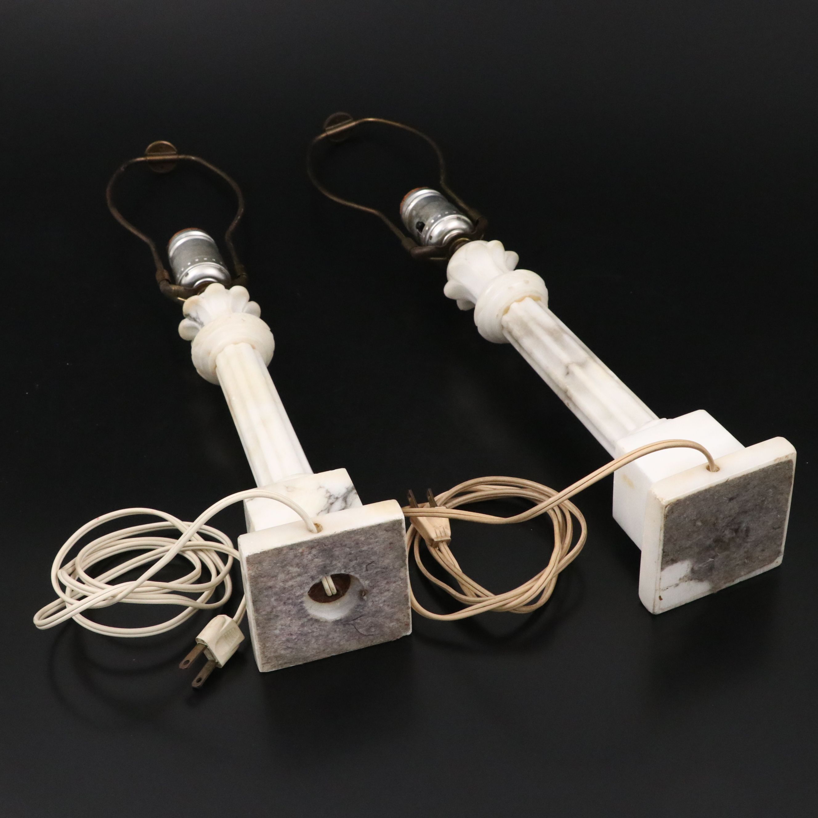 Neoclassical Carved Alabaster Pillar Table Lamps, Mid to Late 20th Century