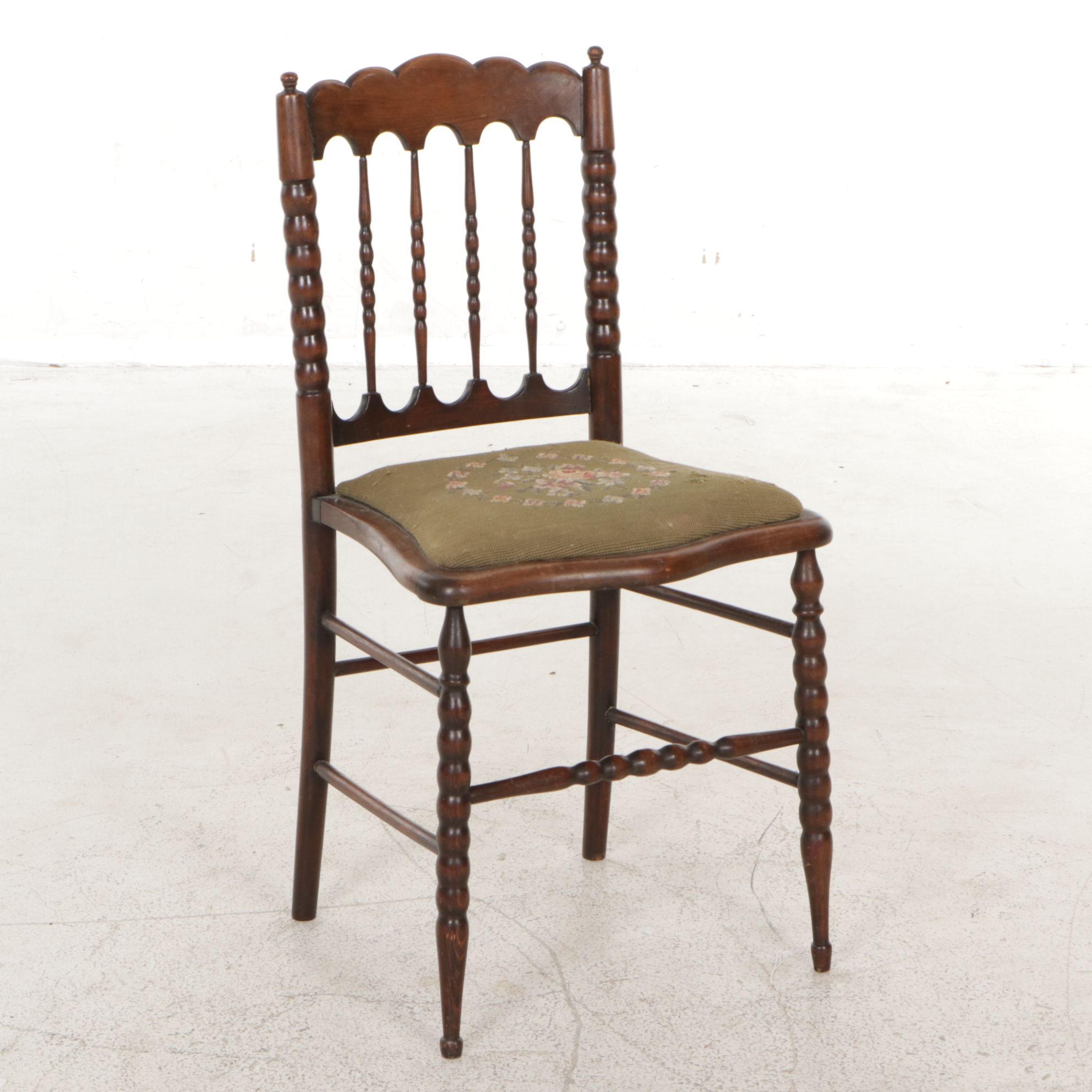 Spindle Back Wooden Side Chair with Needlepoint Seat
