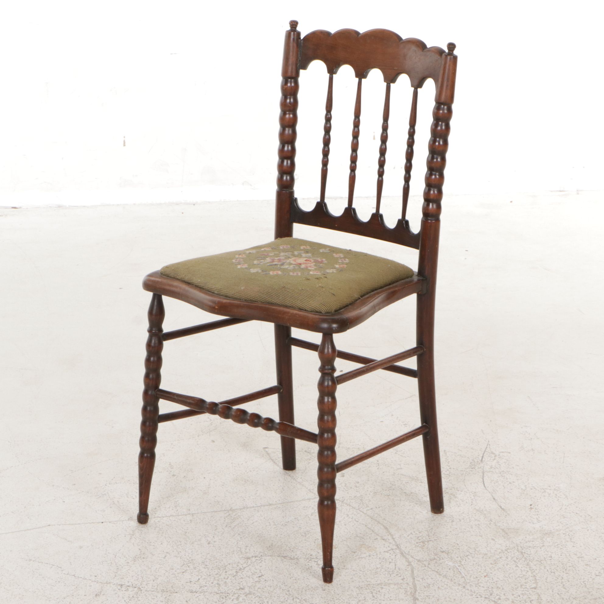 Spindle Back Wooden Side Chair with Needlepoint Seat