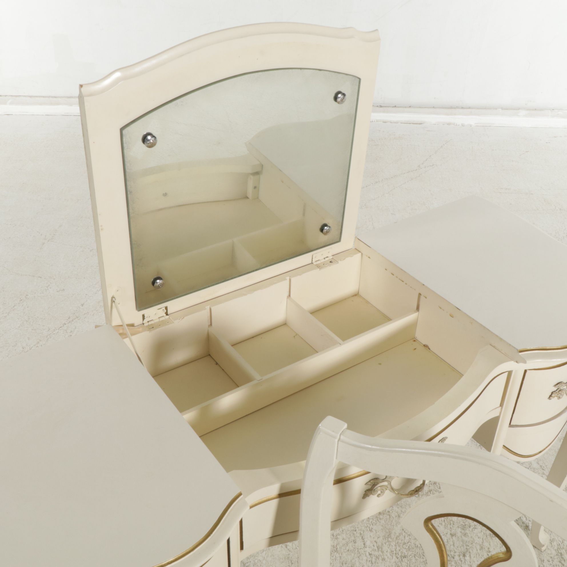 Johnson Carper French Provincial Painted Vanity Table and Chair, Mid-20th C