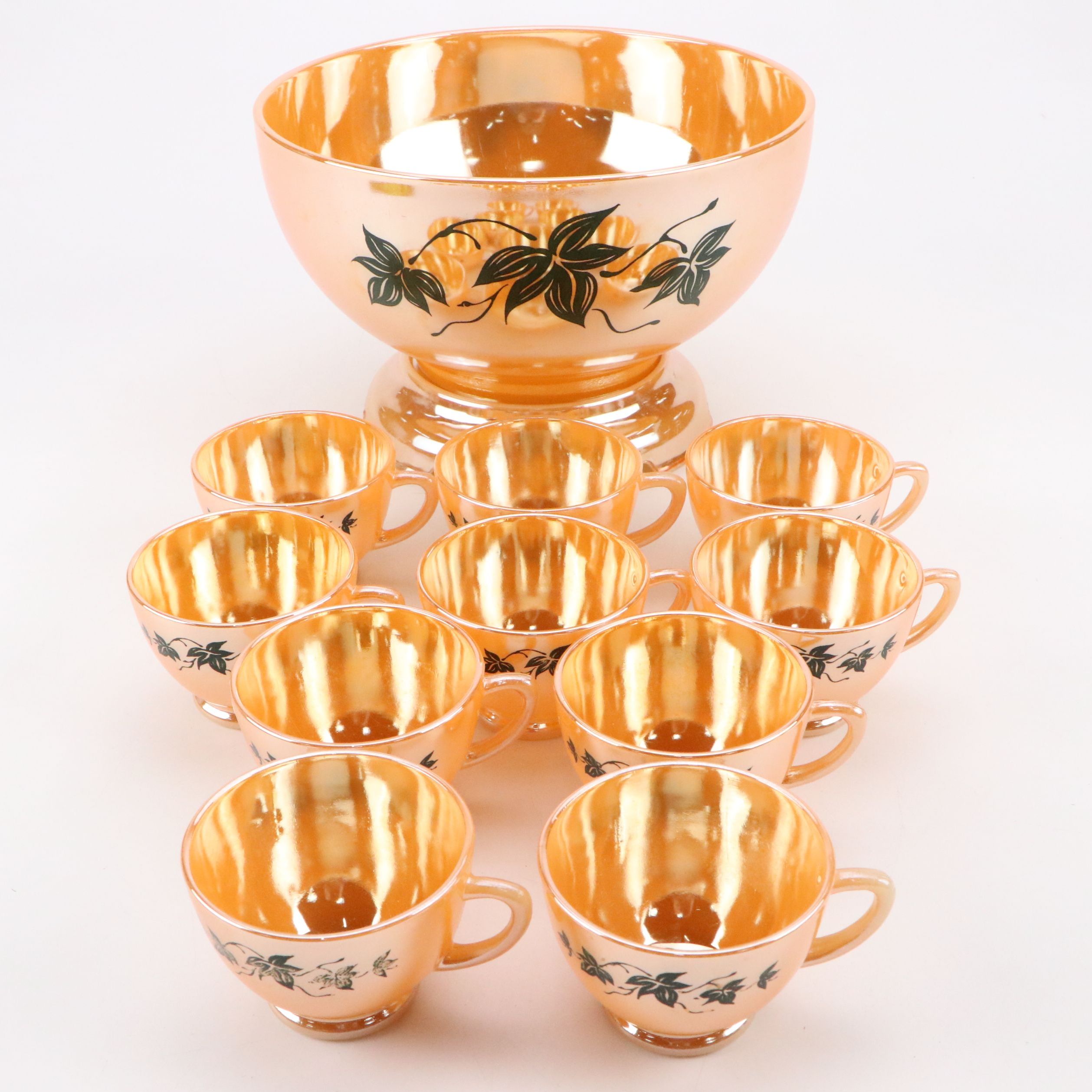 Anchor Hocking Fire King "Peach Luster" Ivy Glass Punch Bowl and Cups with Plate