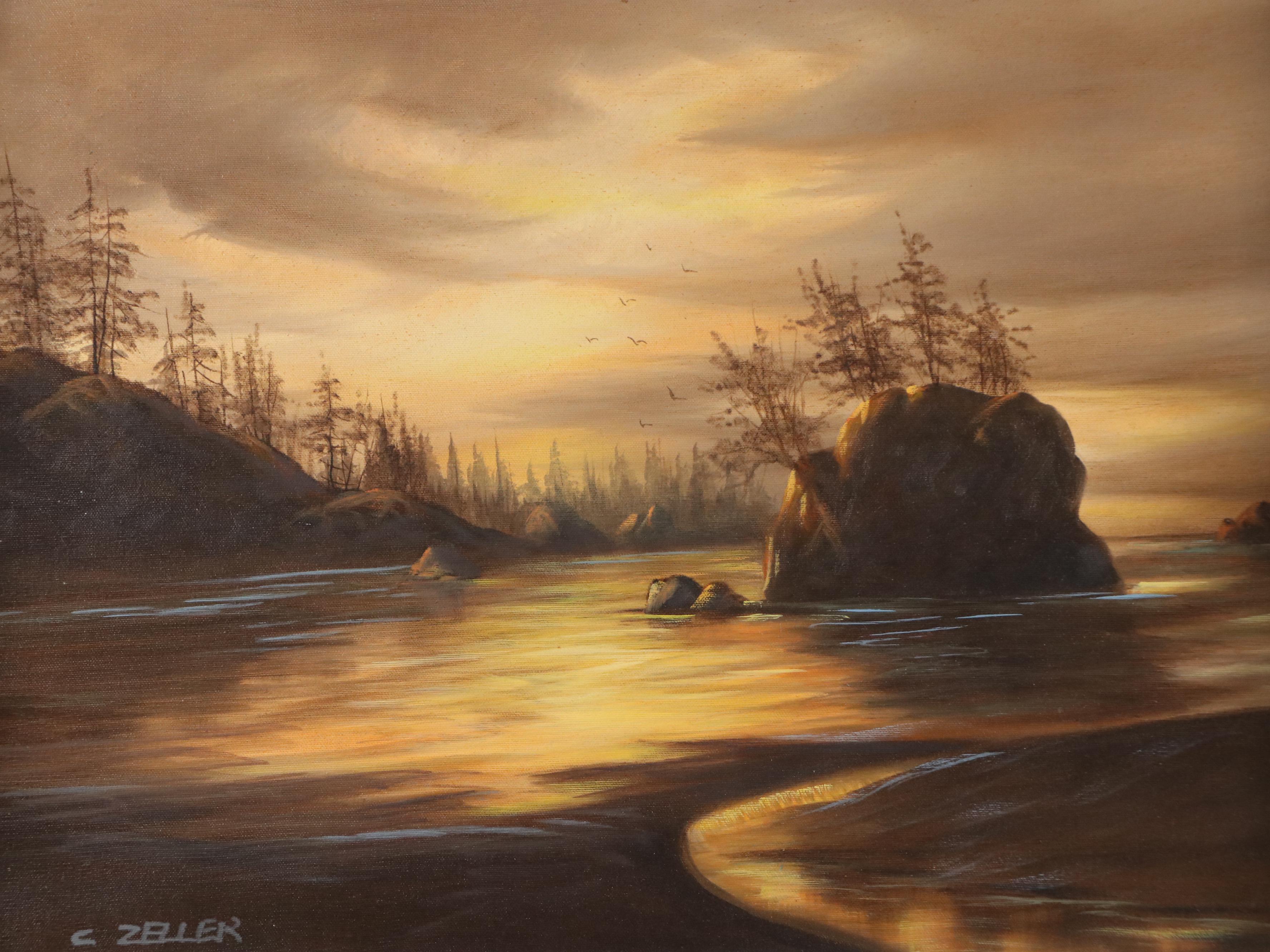C. Zeller Wooded Coastal Landscape Oil Painting