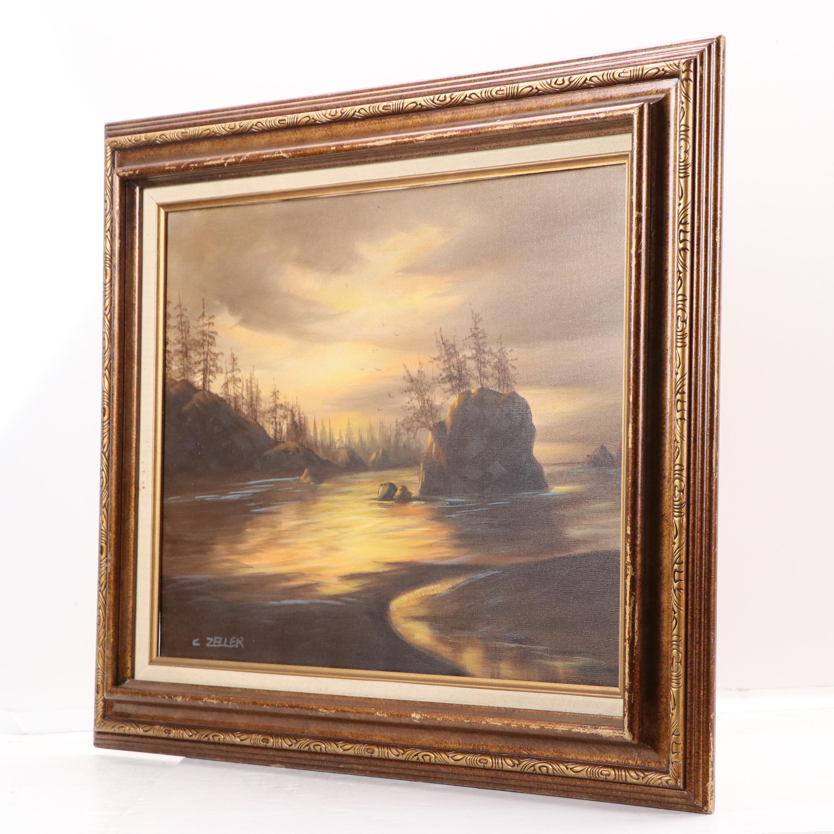 C. Zeller Wooded Coastal Landscape Oil Painting