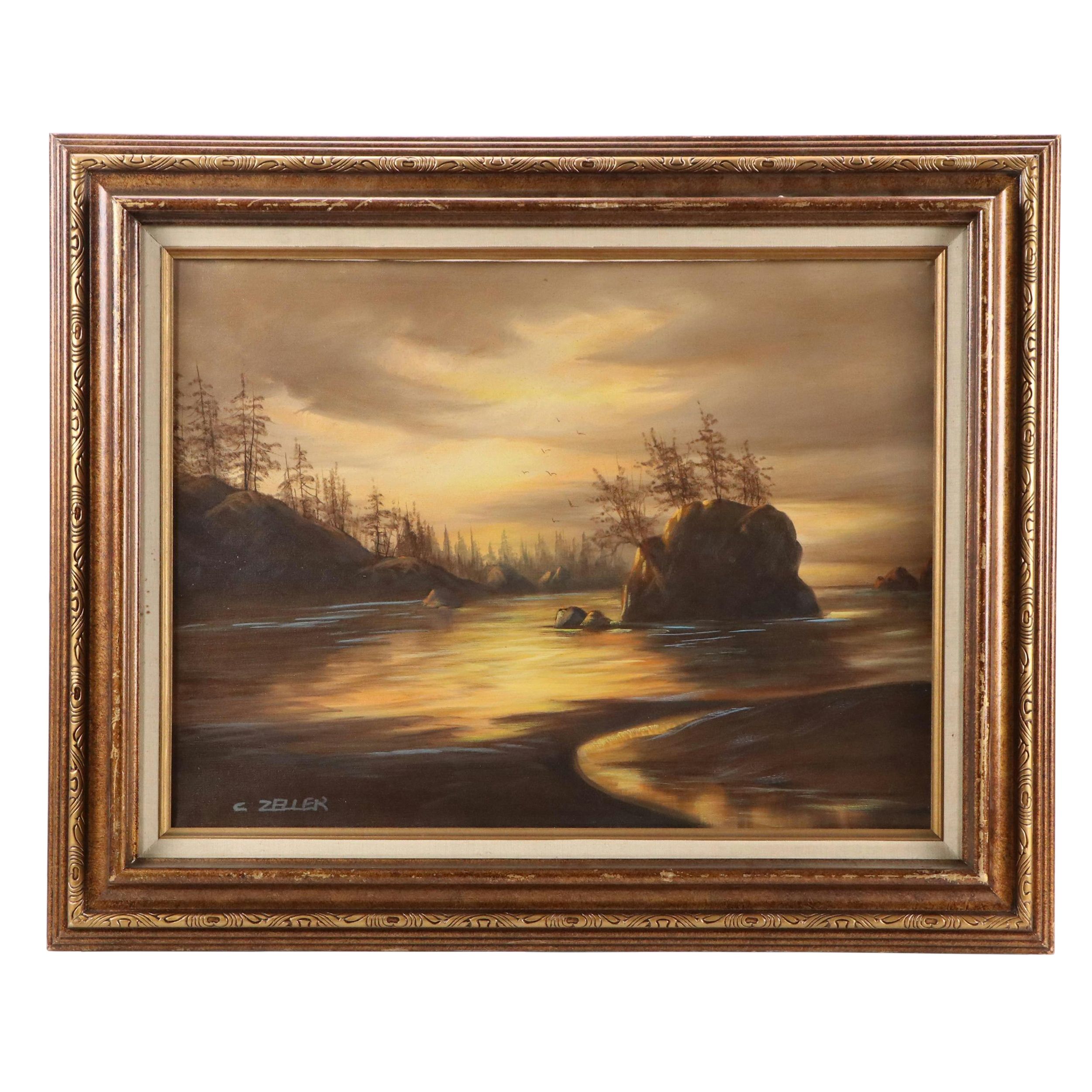 C. Zeller Wooded Coastal Landscape Oil Painting