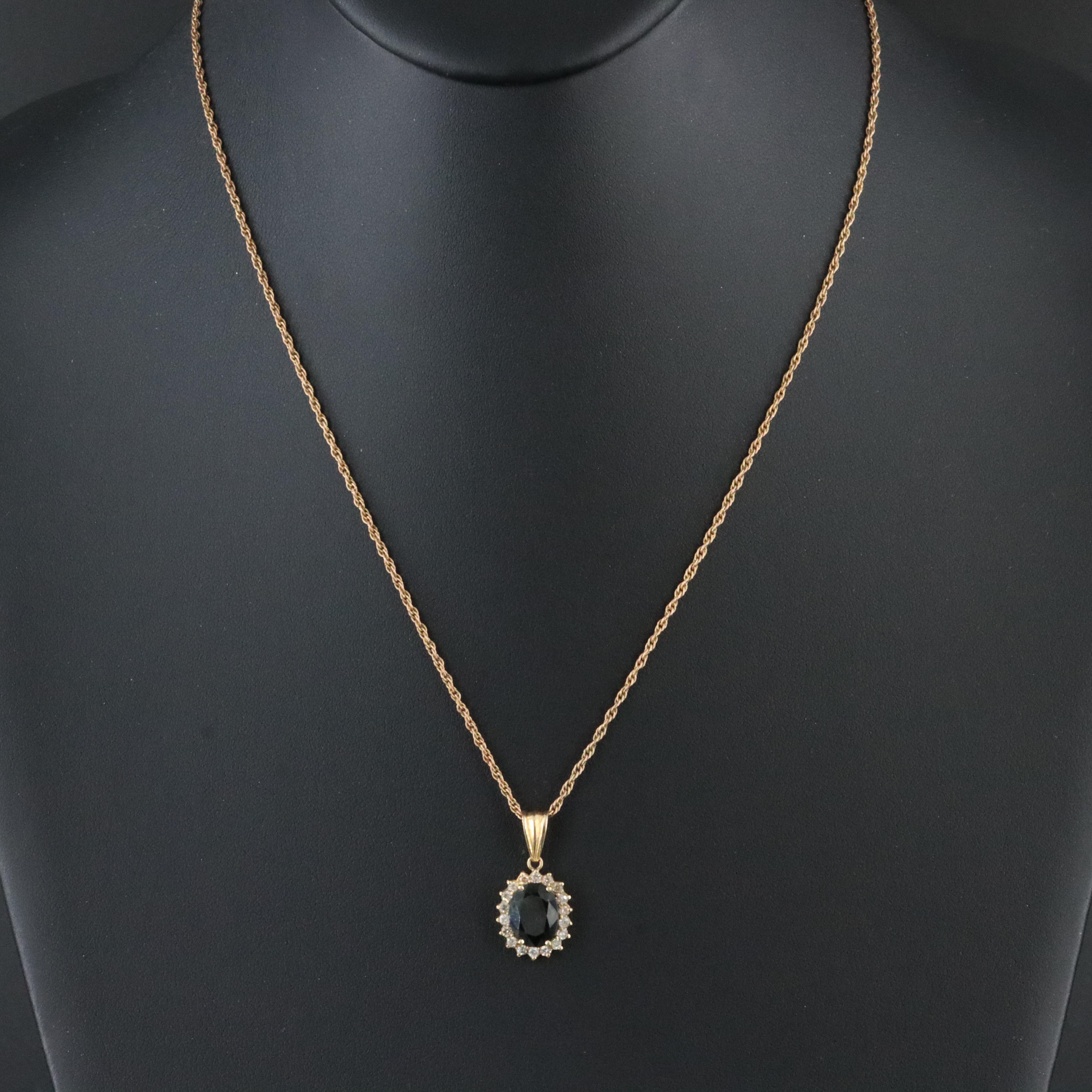 14K 2.36 CT Sapphire and Diamond Pendant on Gold-Filled Chain