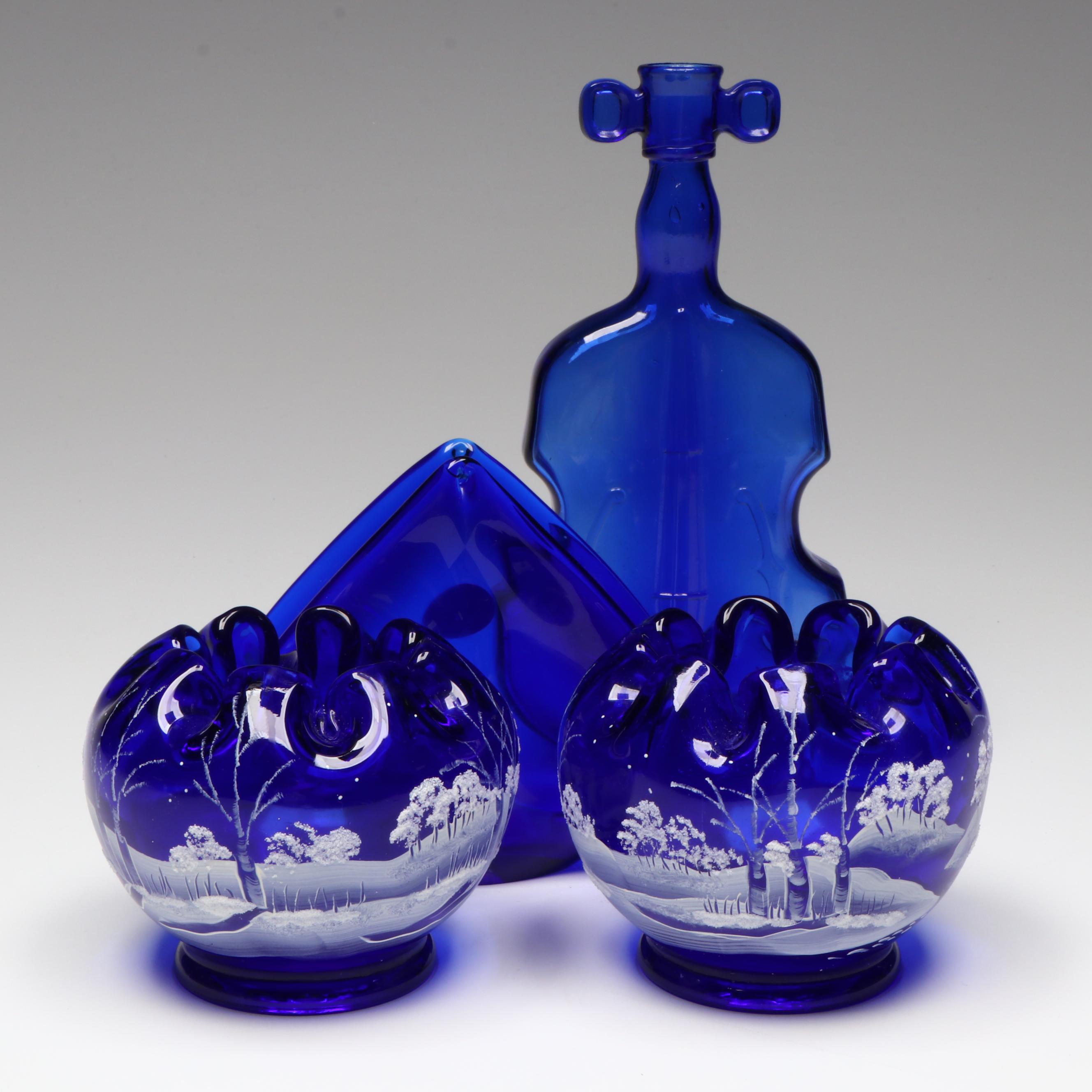 Fenton Hand-Painted Rose Bowls, White Cristal Cobalt Glass Bottle and More